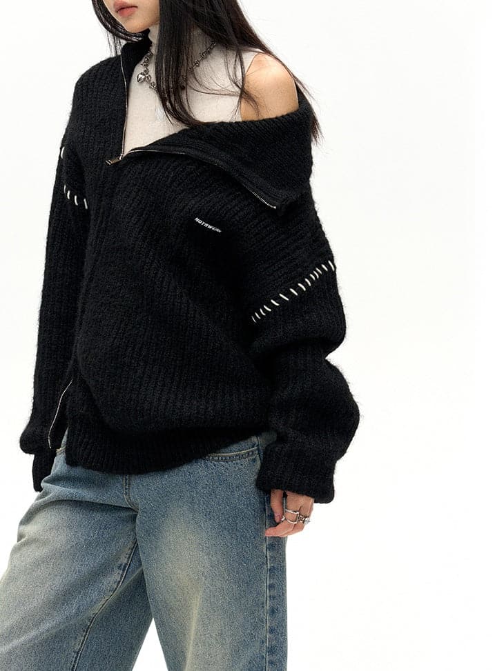 Double-Zip High Neck Knitted Jacket - chiclara