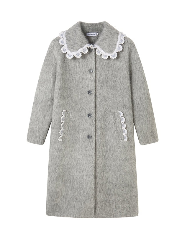Wool Coat With Lace Lapel - chiclara