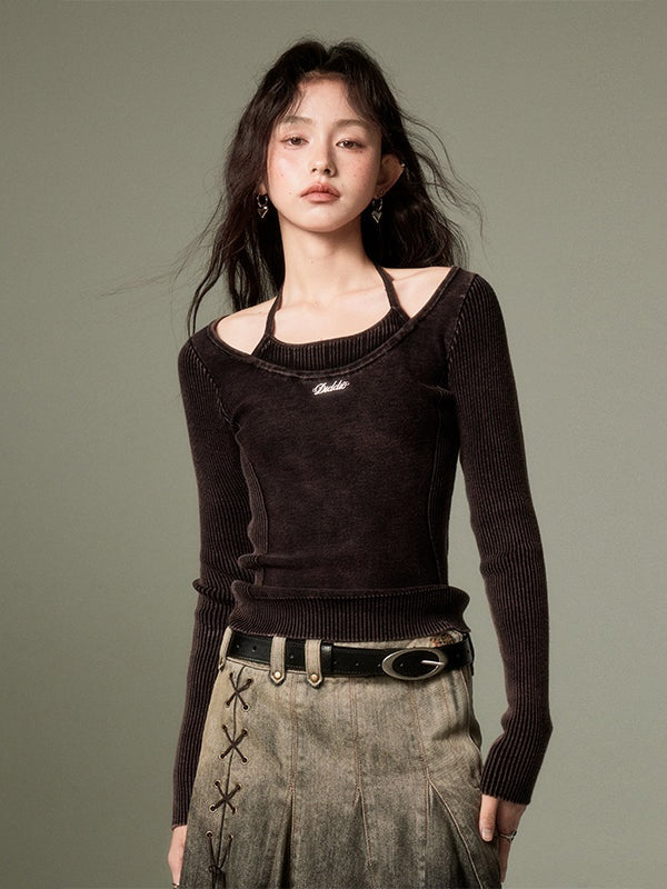 Halter Neck Washed Knit Top - chiclara