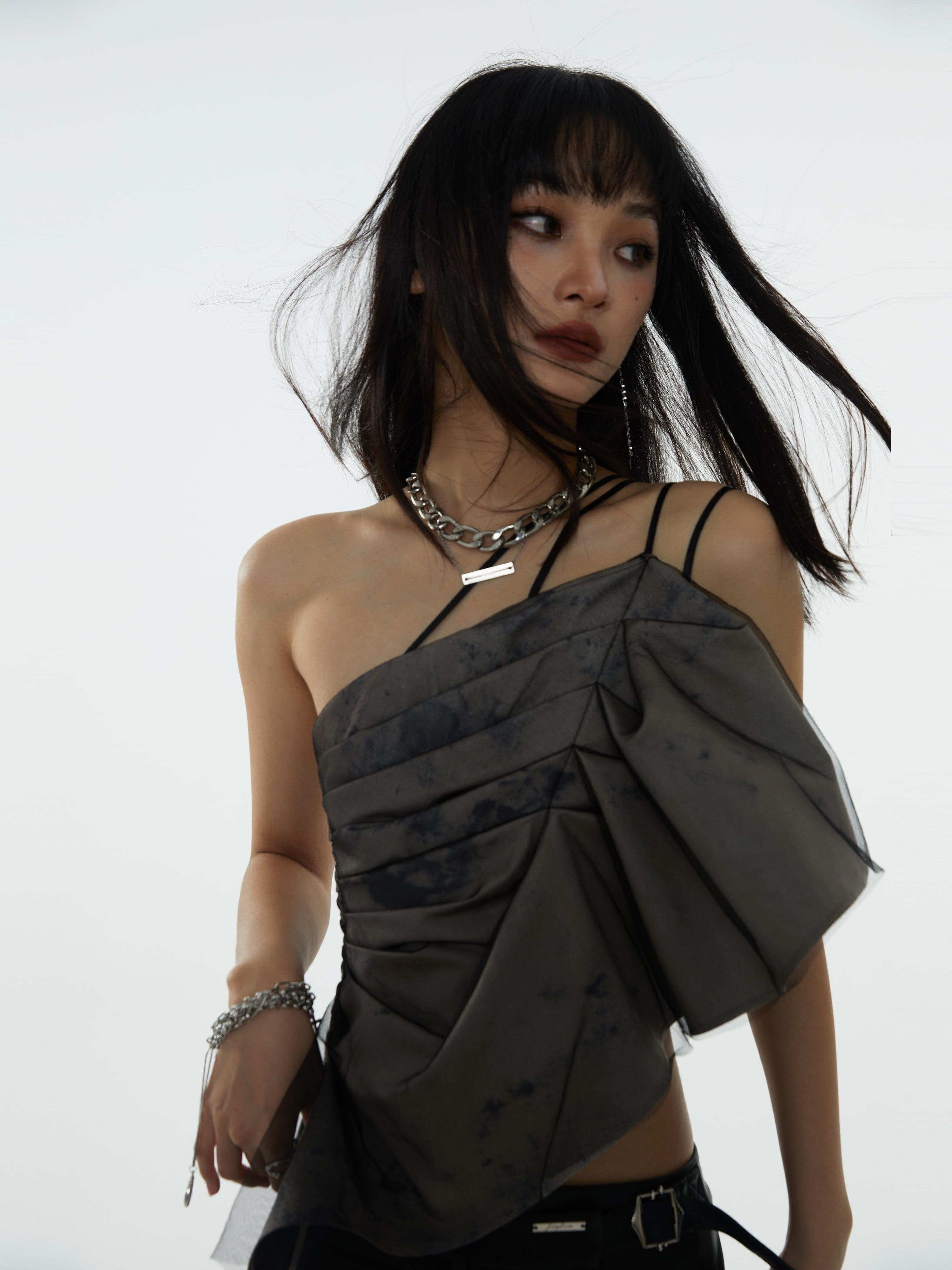 Asymmetric Camisole With Pleated Shoulder Strap - chiclara