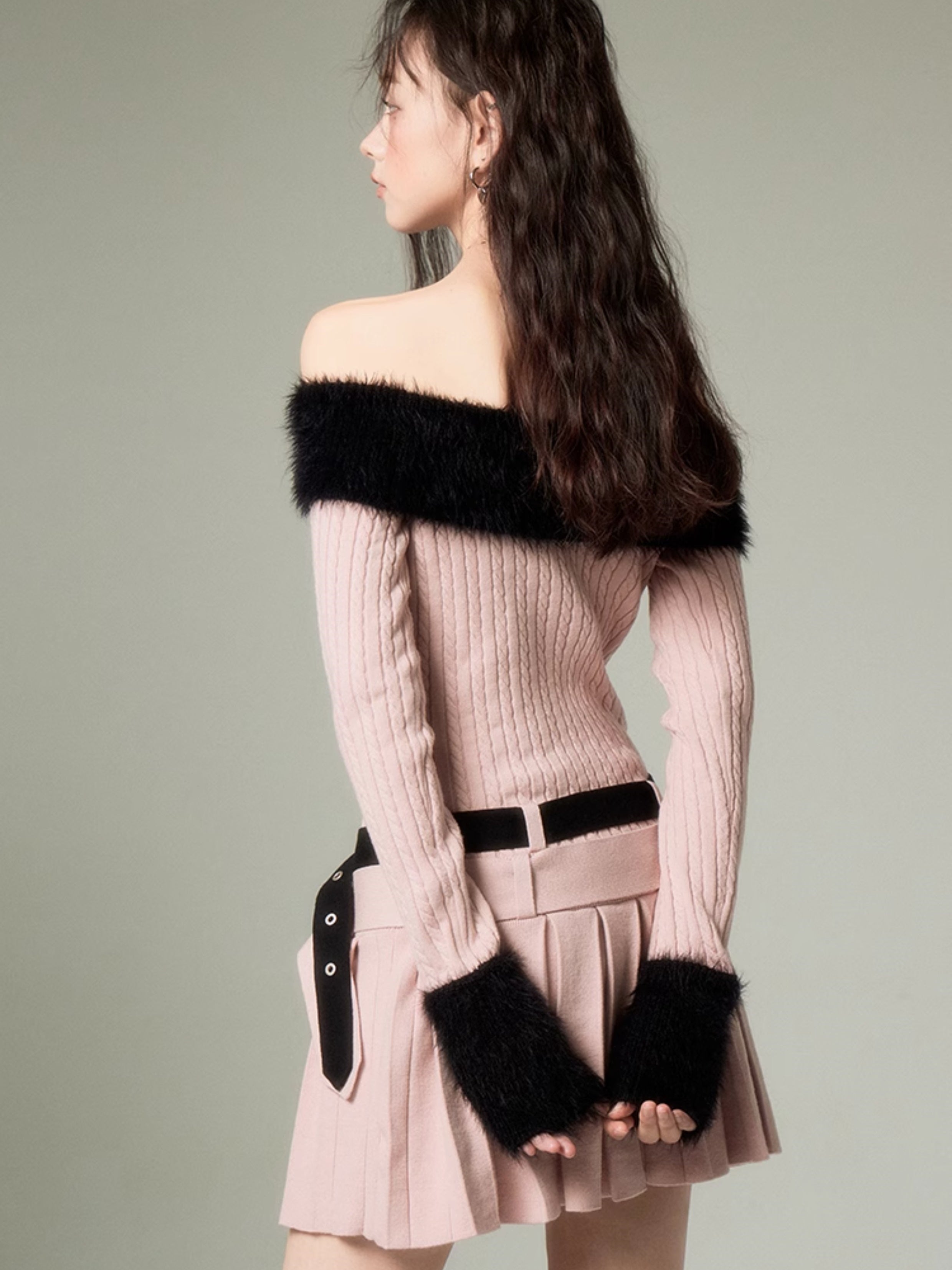 Knit Double Belt Off-Shoulder Dress - chiclara