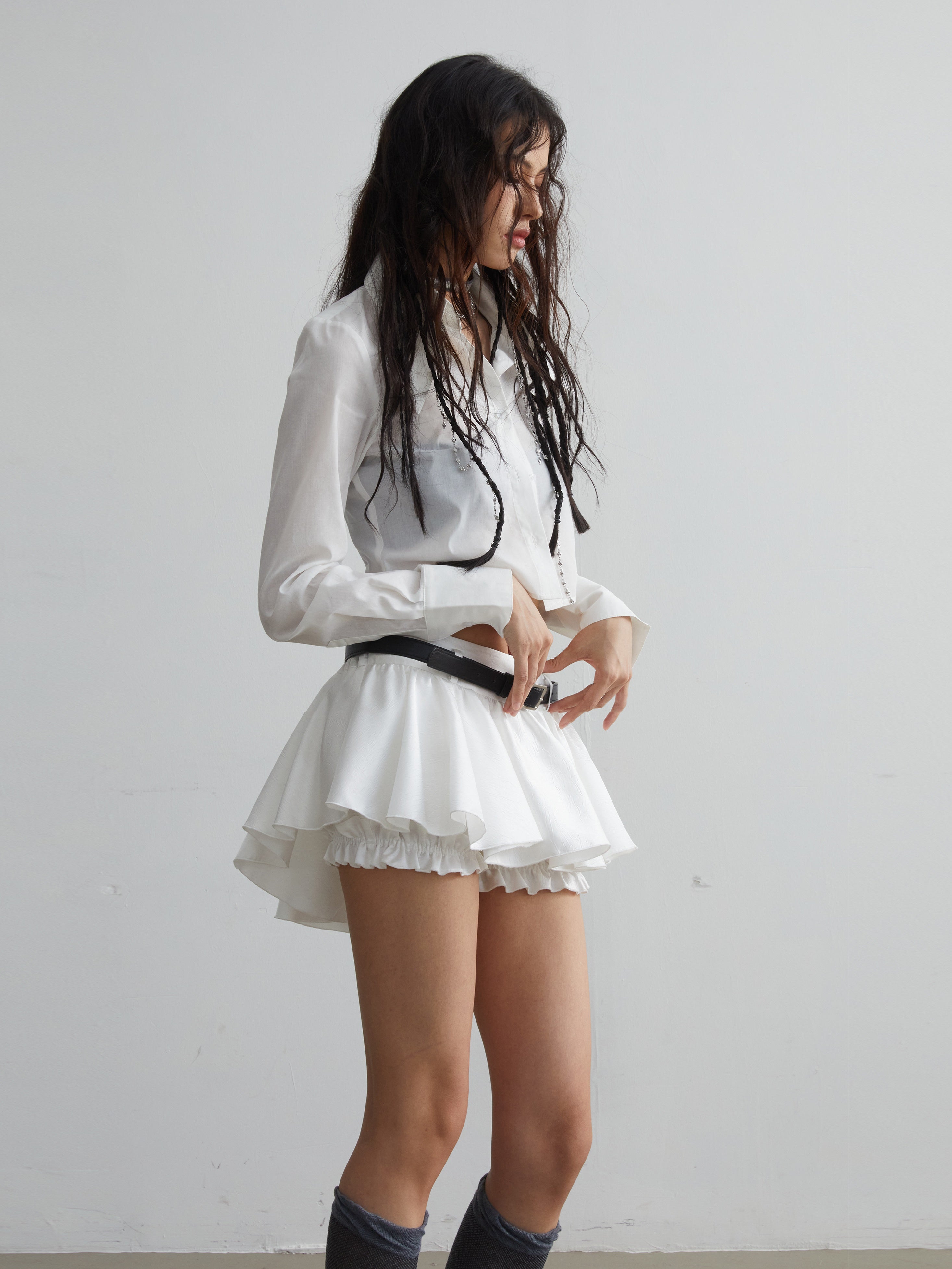 Ruffled Mini Skirt With Belt Embellishment - chiclara