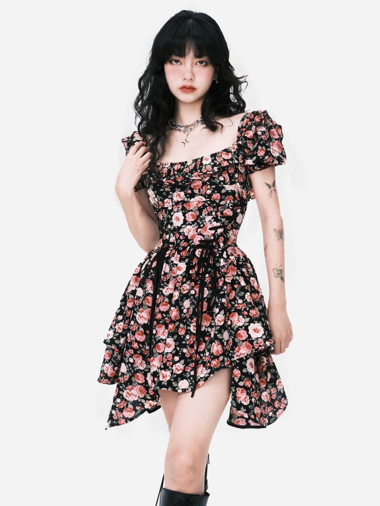 Blossom Noir Puff-Sleeve Dress - chiclara