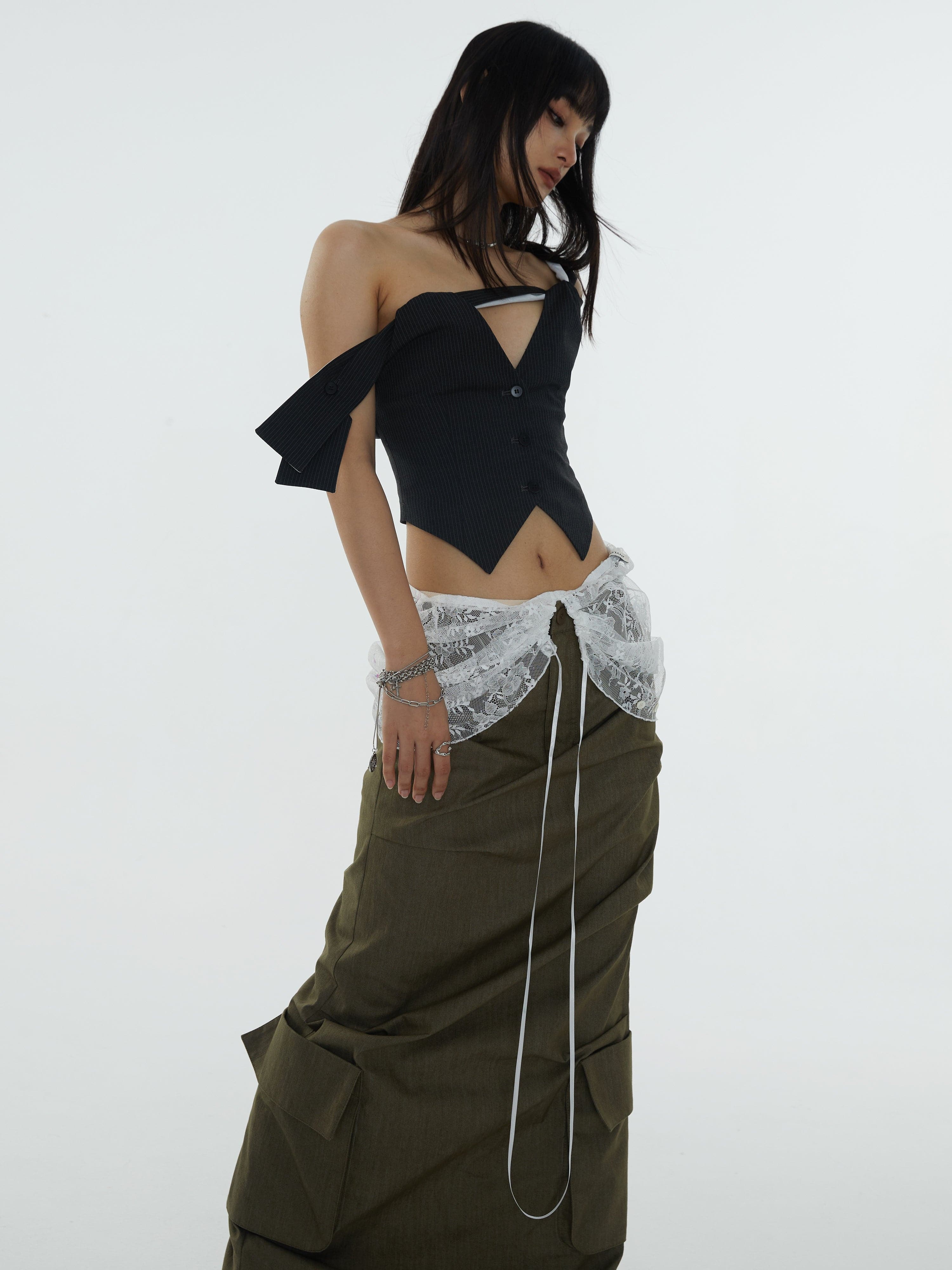 Asymmetrical Striped Hollow Vest With Kink Strap - chiclara