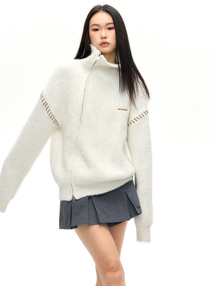 Double-Zip High Neck Knitted Jacket - chiclara