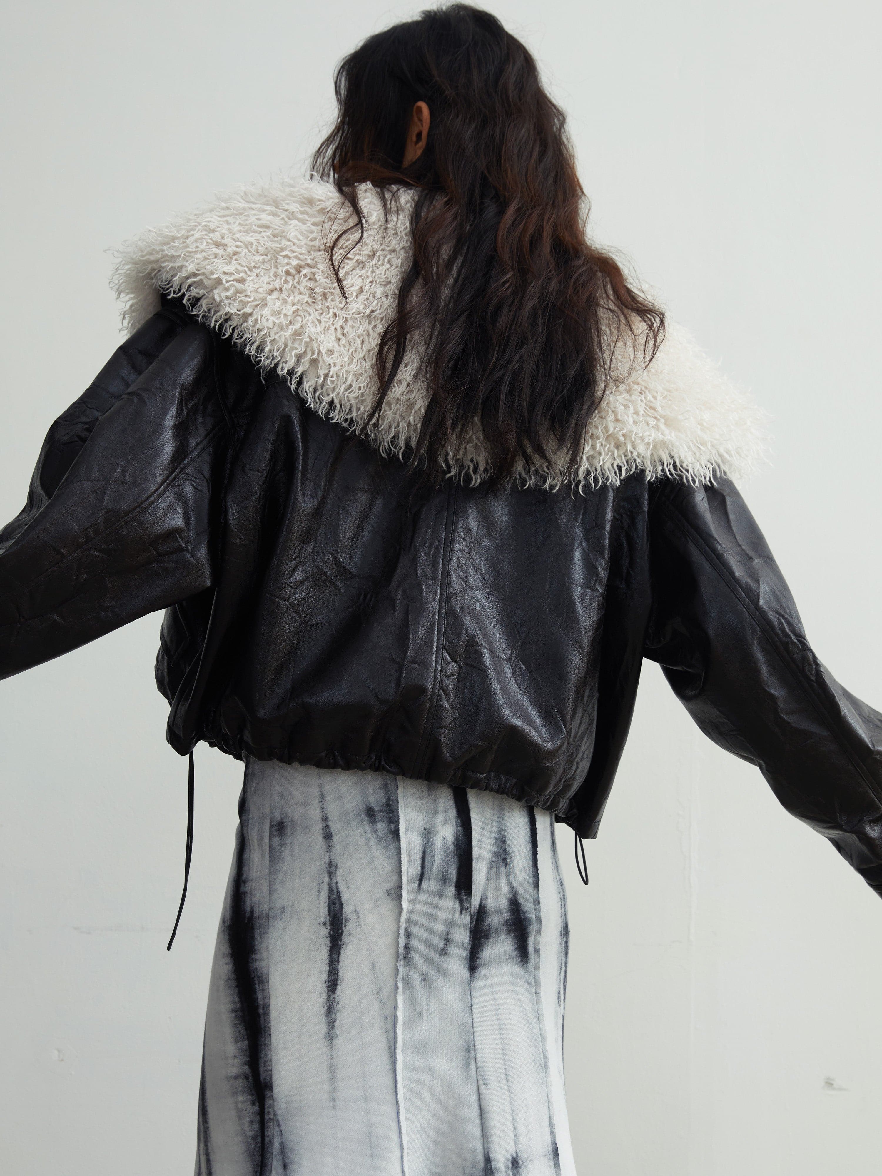 Faux Leather Jacket With Detachable Oversized Fur Collar - chiclara