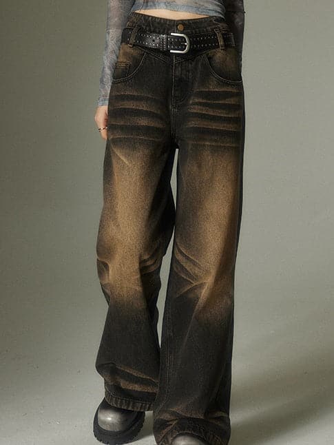 Large Pocket Distressed Straight Jeans - chiclara