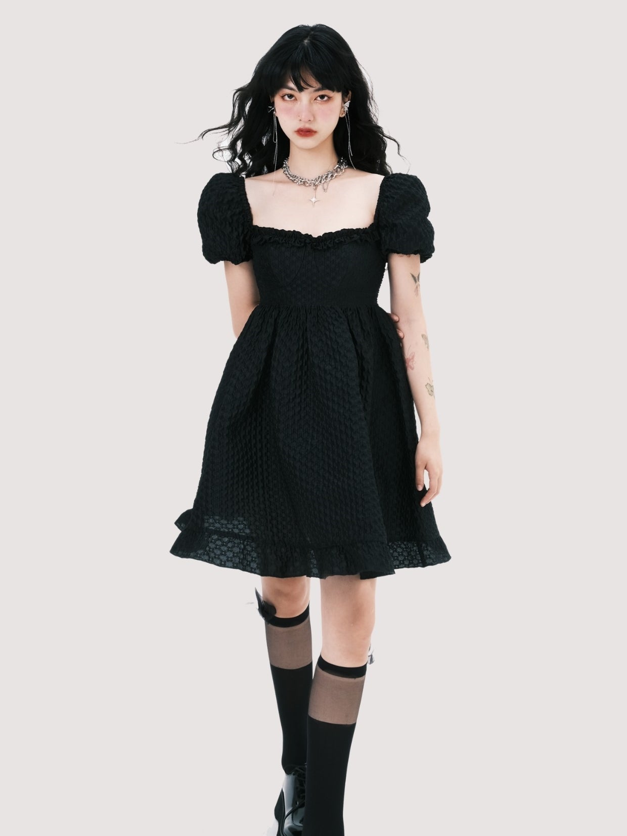 Elegant Square Neck Puff Sleeve Jacquard Dress - chiclara