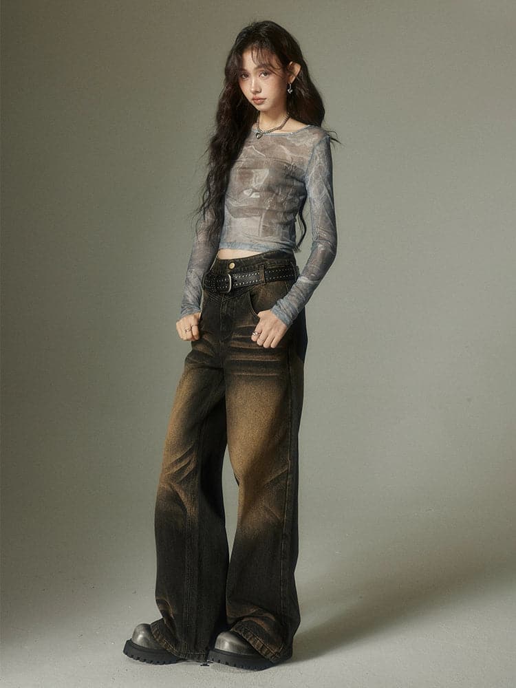Large Pocket Distressed Straight Jeans - chiclara