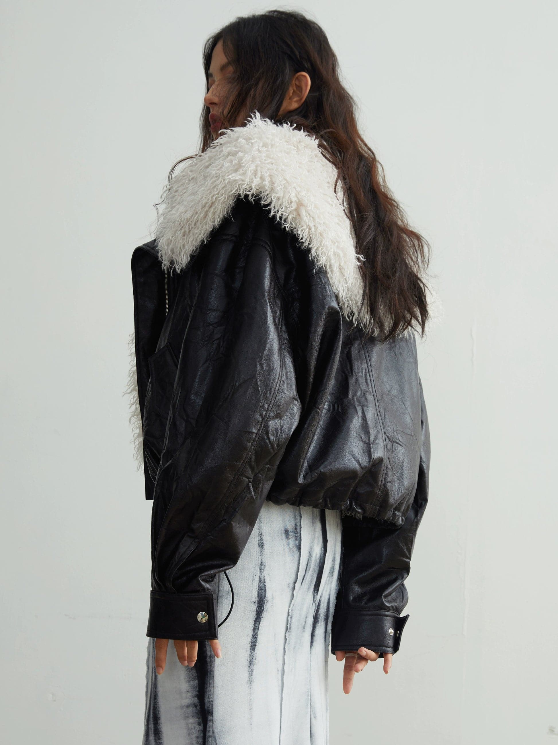Faux Leather Jacket With Detachable Oversized Fur Collar - chiclara