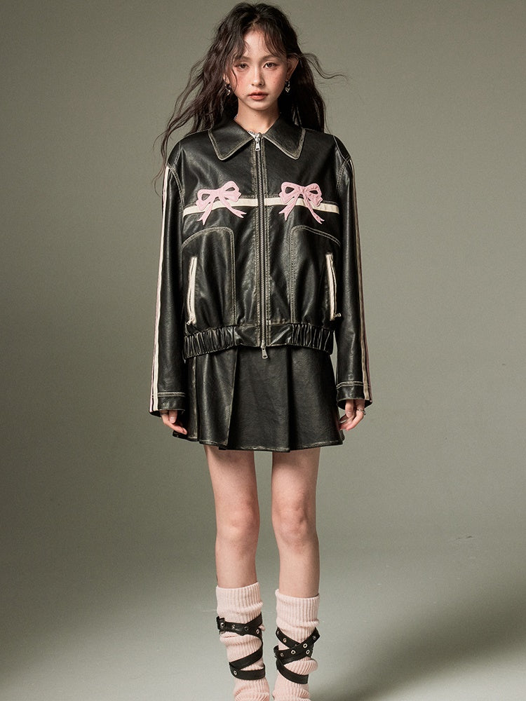 Retro Color-Painted Leather Jacket With Bowknot Detail - chiclara