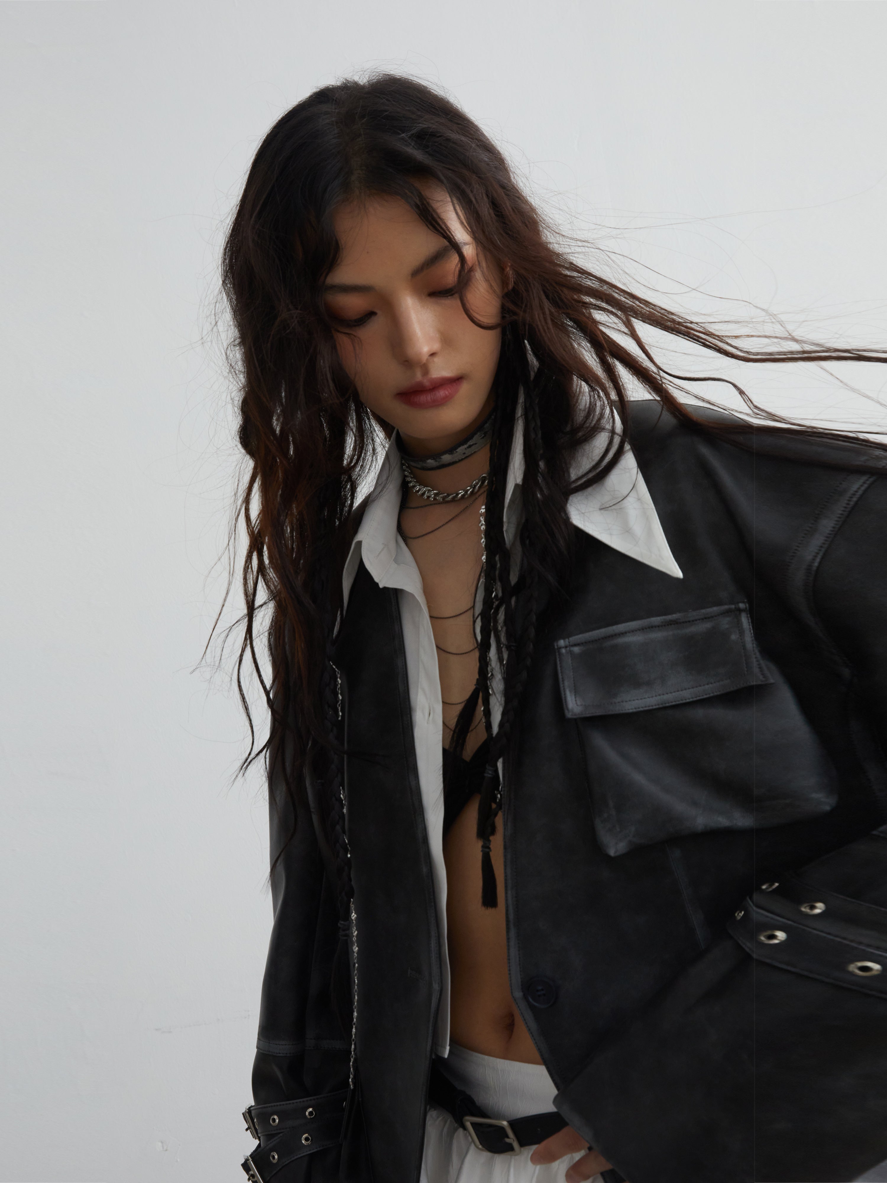 Vintage Pu Leather 3D Pocket No-Collar Jacket - chiclara