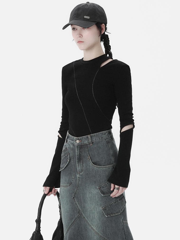 Elegant Shoulder-Cut Asymmetric Cutsew - chiclara