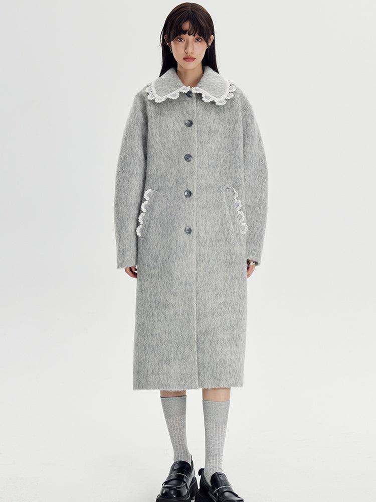 Wool Coat With Lace Lapel - chiclara