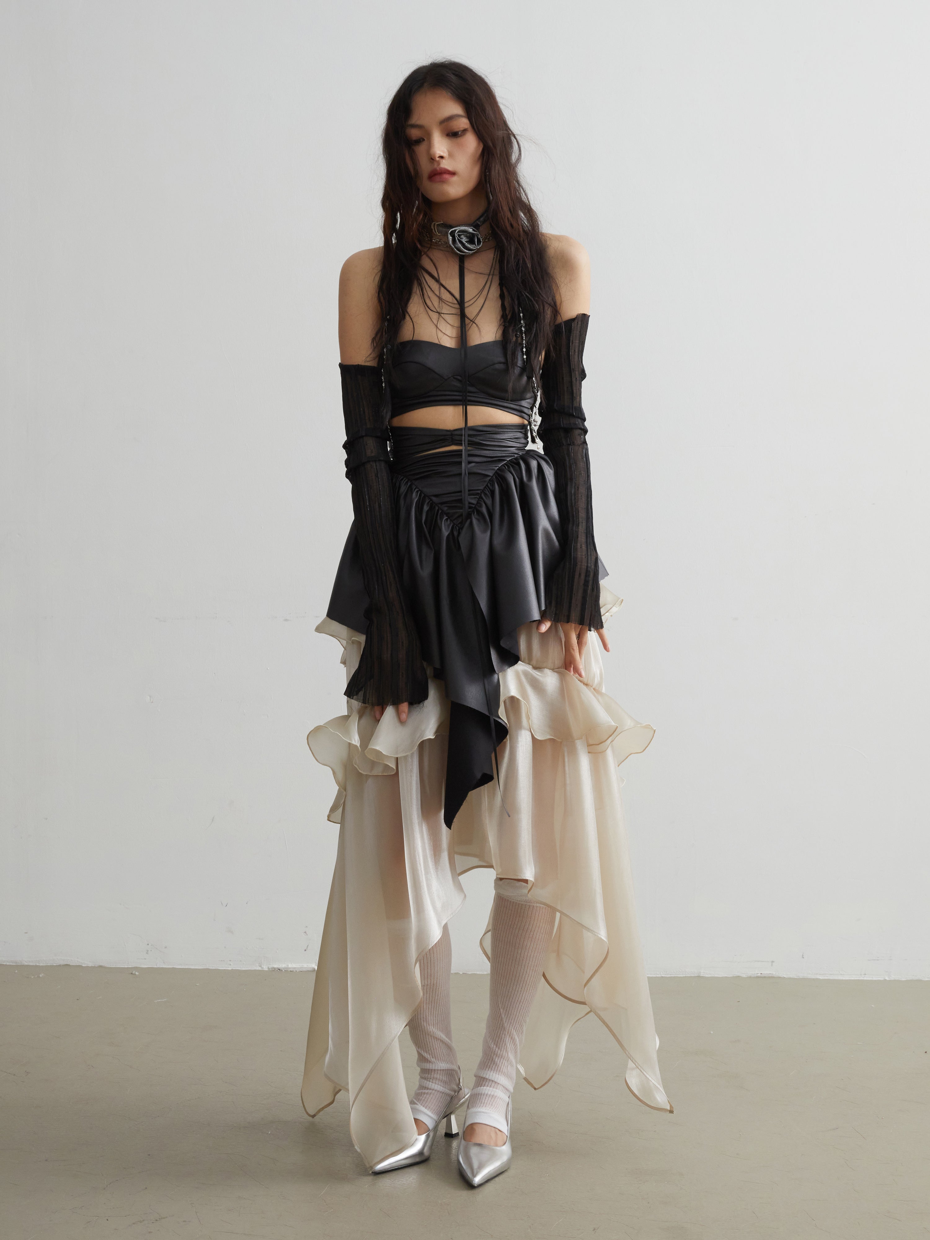 Elegant Ruffled Matte Pu Leather Crop Top - chiclara