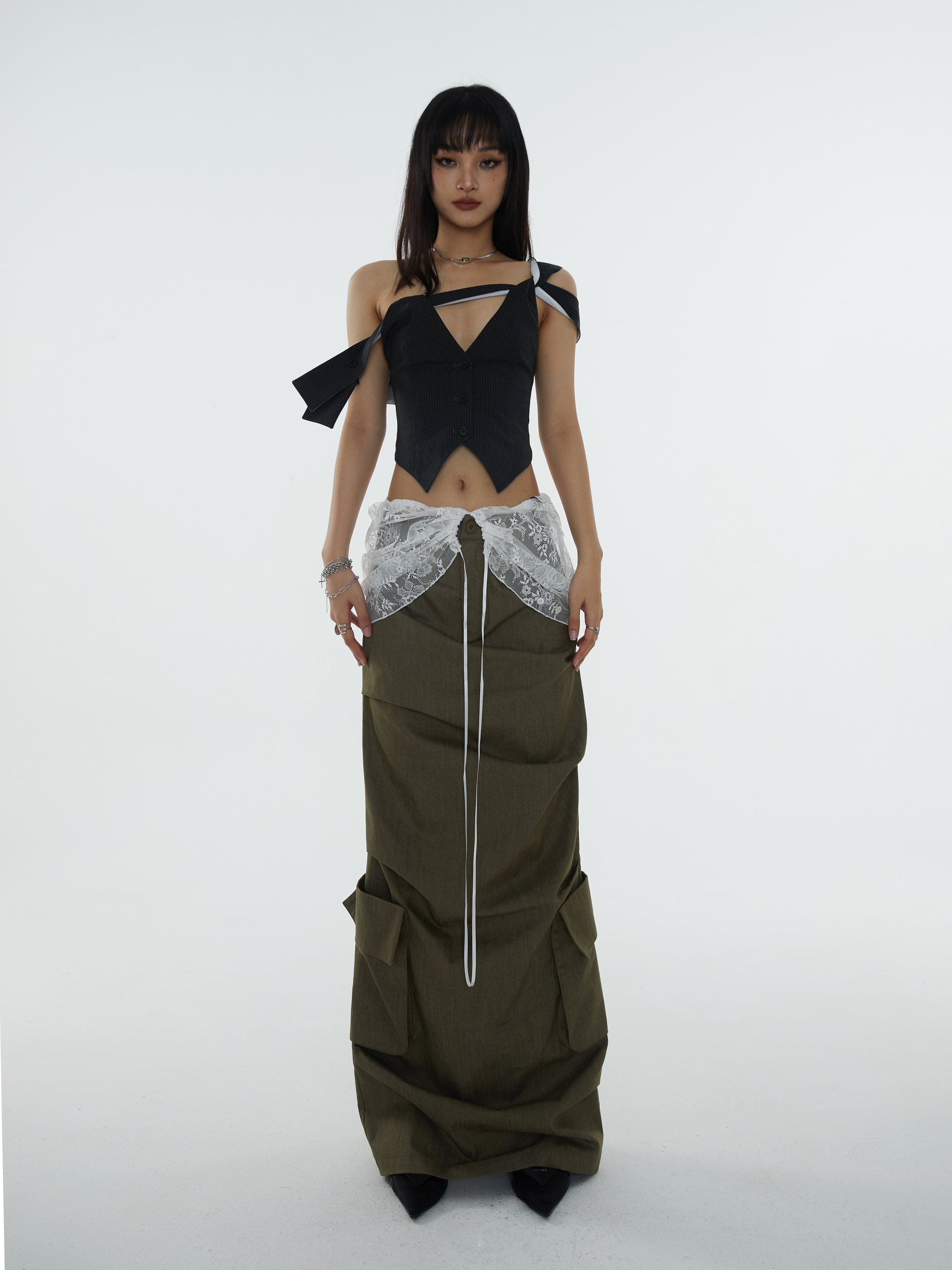 Asymmetrical Striped Hollow Vest With Kink Strap - chiclara