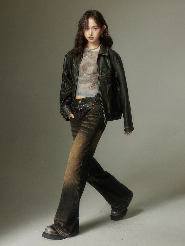 Large Pocket Distressed Straight Jeans - chiclara