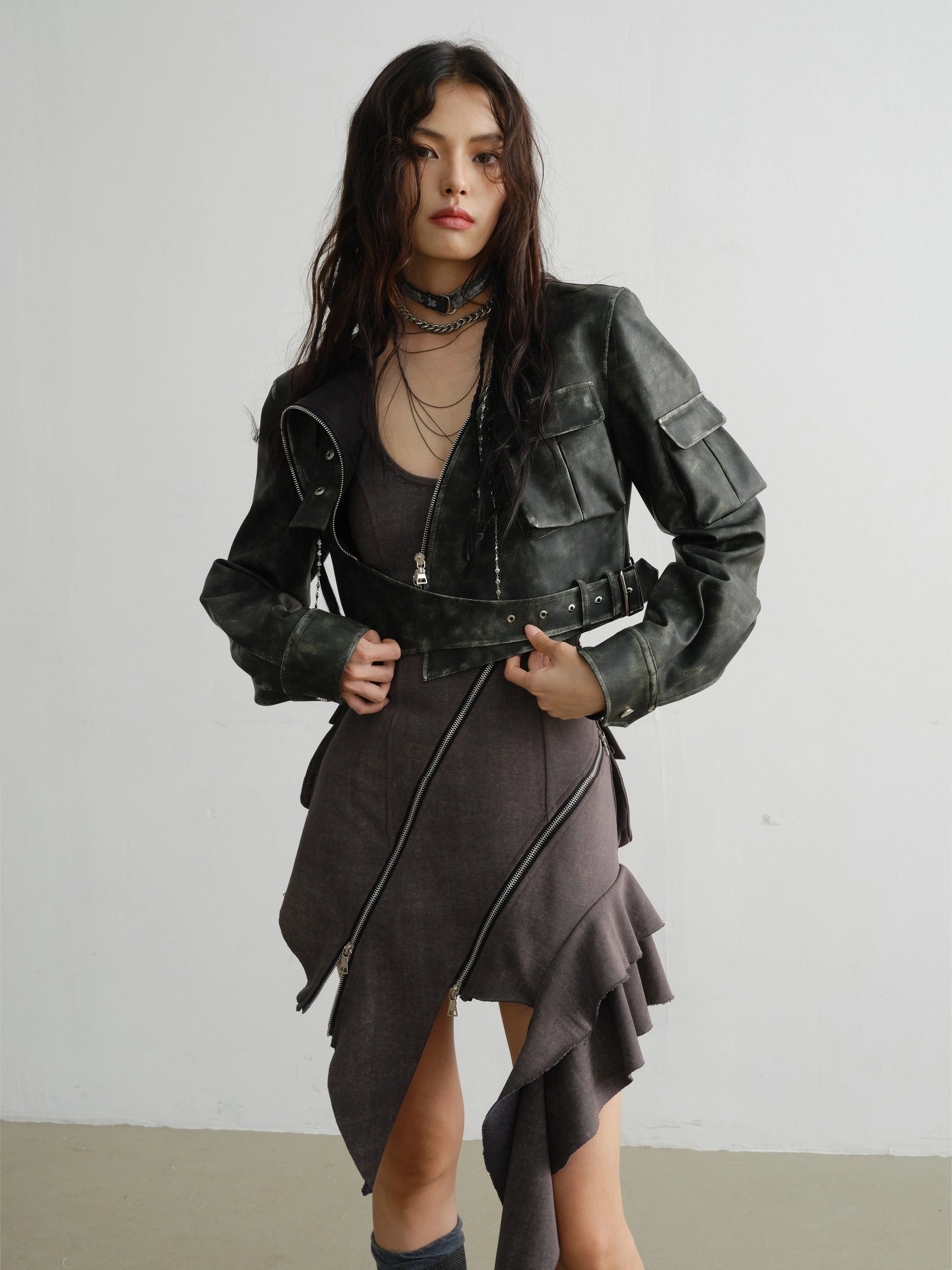 Elegant Ruffled Suspender Dress With Unique Zipper Detail - chiclara