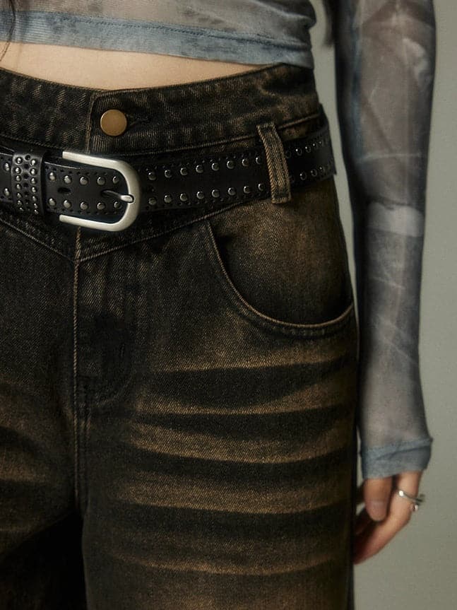 Large Pocket Distressed Straight Jeans - chiclara