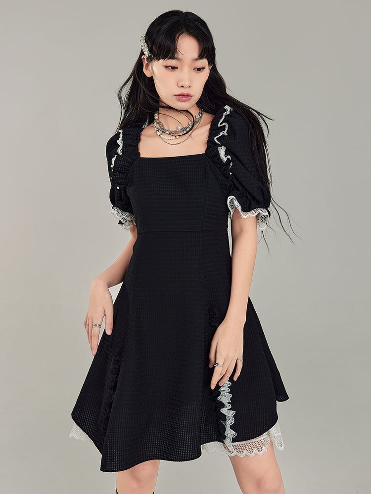Puff Sleeve Black Square Neck Dress - chiclara