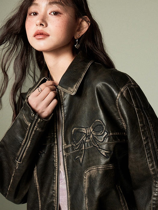 Retro Color-Painted Leather Jacket With Bowknot Detail - chiclara