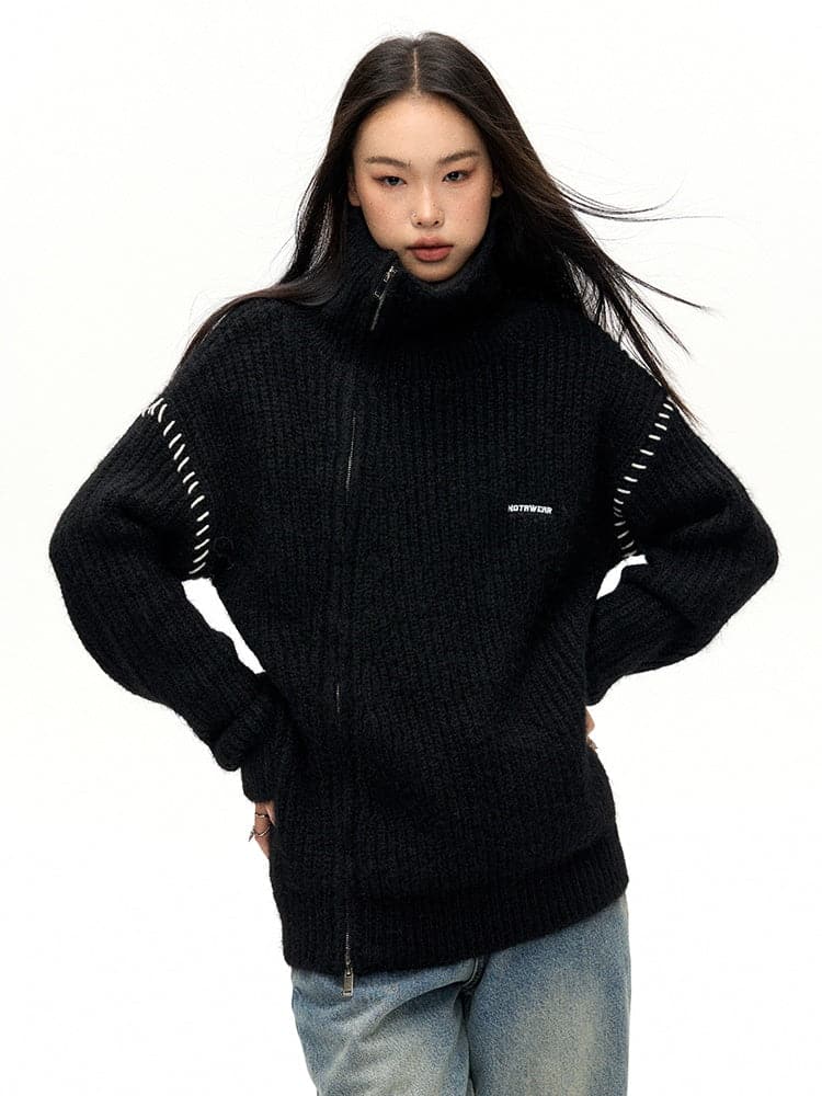 Double-Zip High Neck Knitted Jacket - chiclara