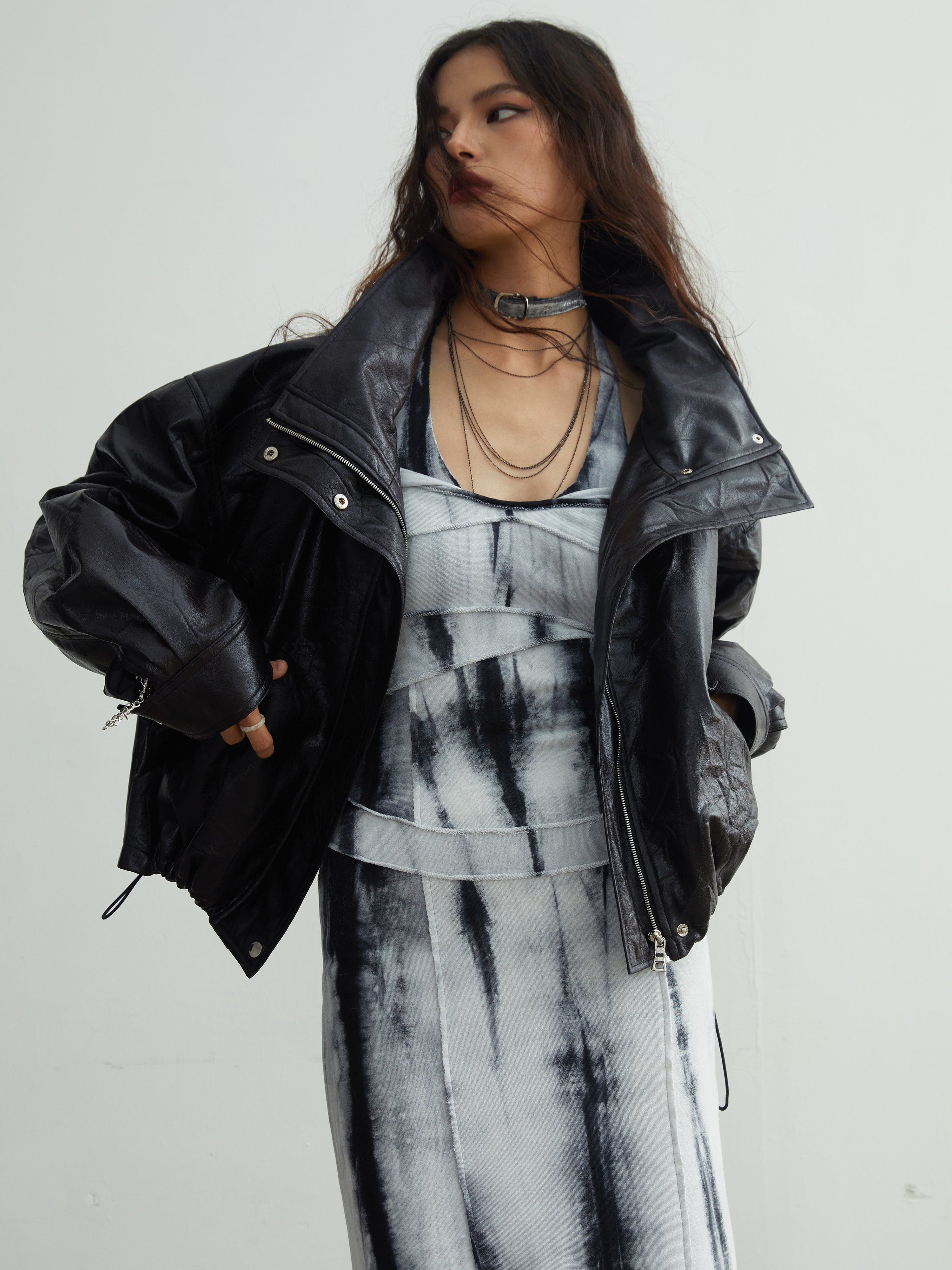 Faux Leather Jacket With Detachable Oversized Fur Collar - chiclara