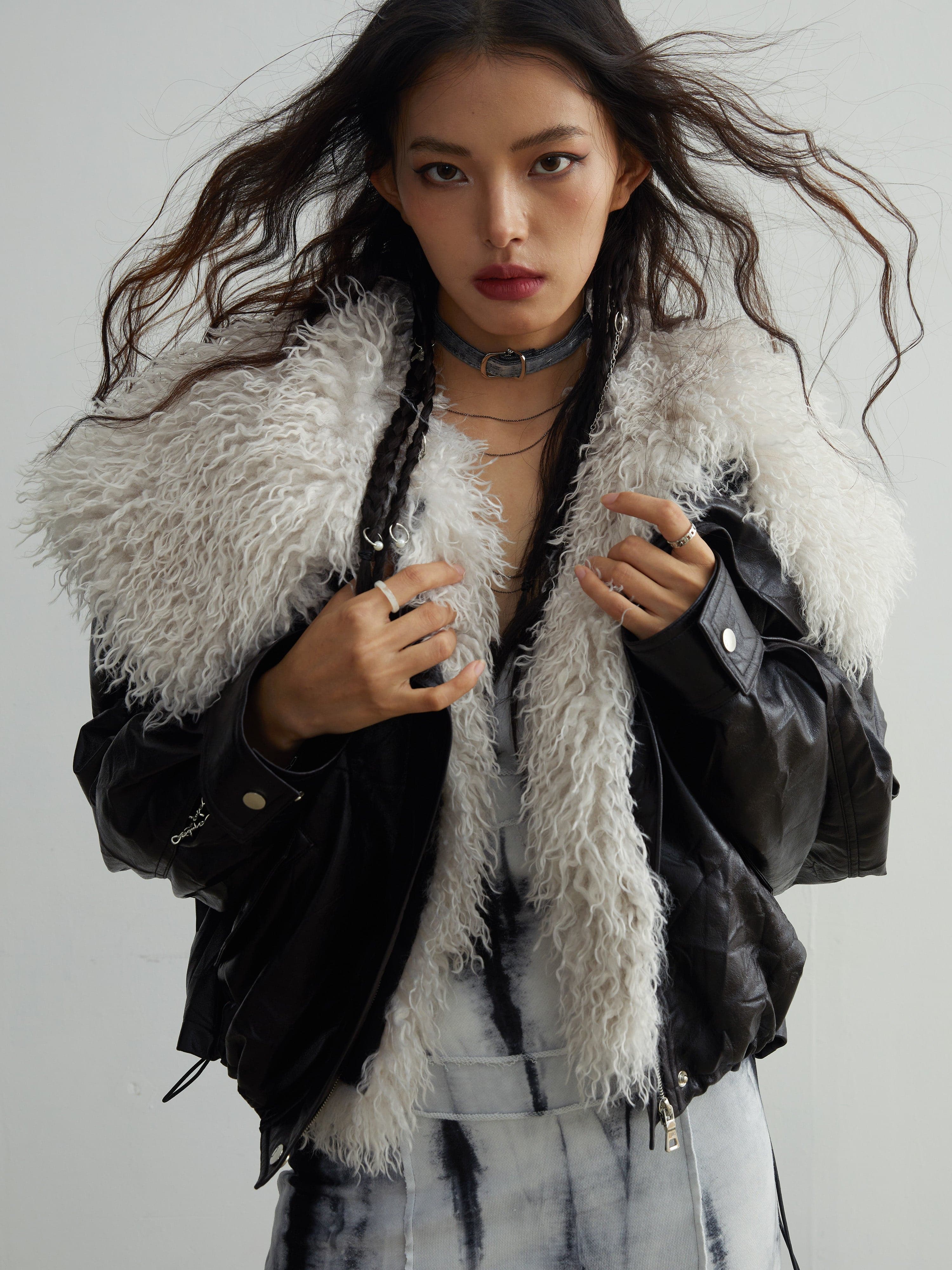 Faux Leather Jacket With Detachable Oversized Fur Collar - chiclara