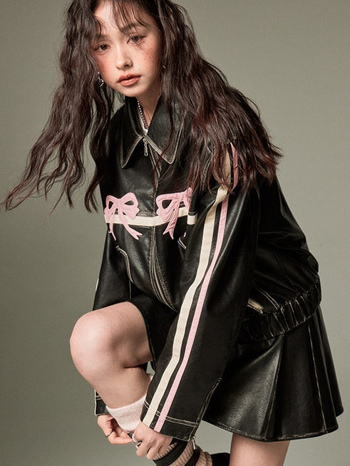 Retro Color-Painted Leather Jacket With Bowknot Detail - chiclara