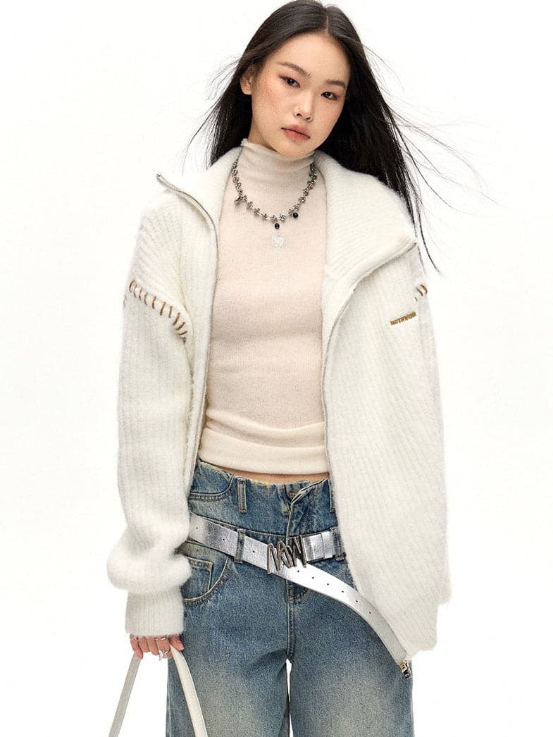 Double-Zip High Neck Knitted Jacket - chiclara
