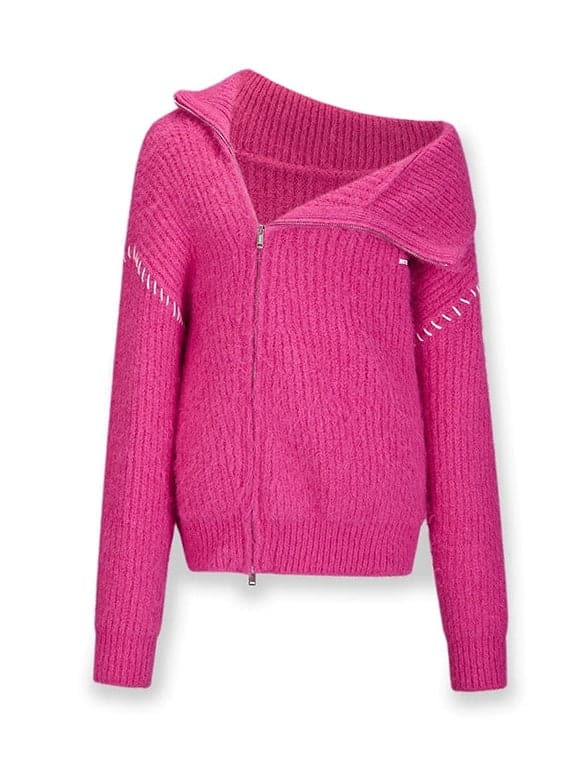 Double-Zip High Neck Knitted Jacket - chiclara