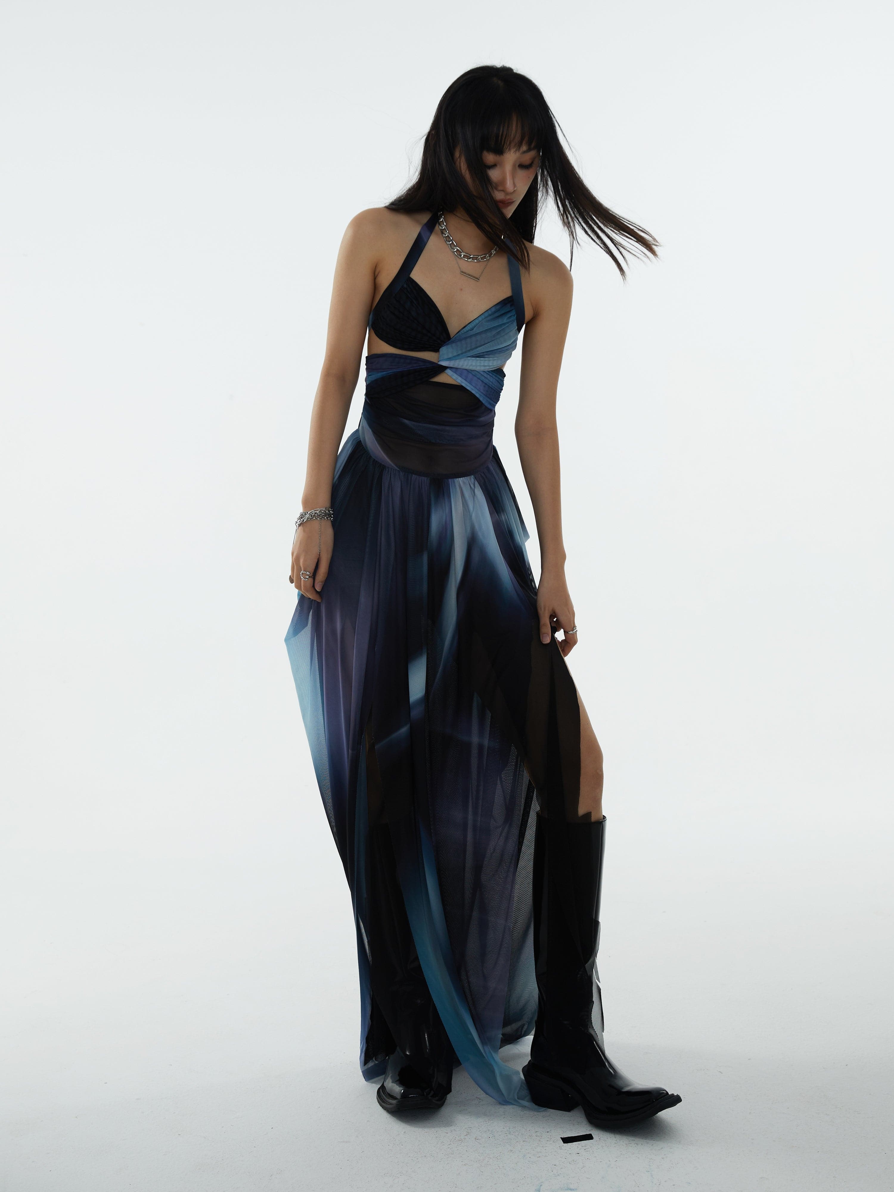 Cross Halter Gradation Print Dress - chiclara