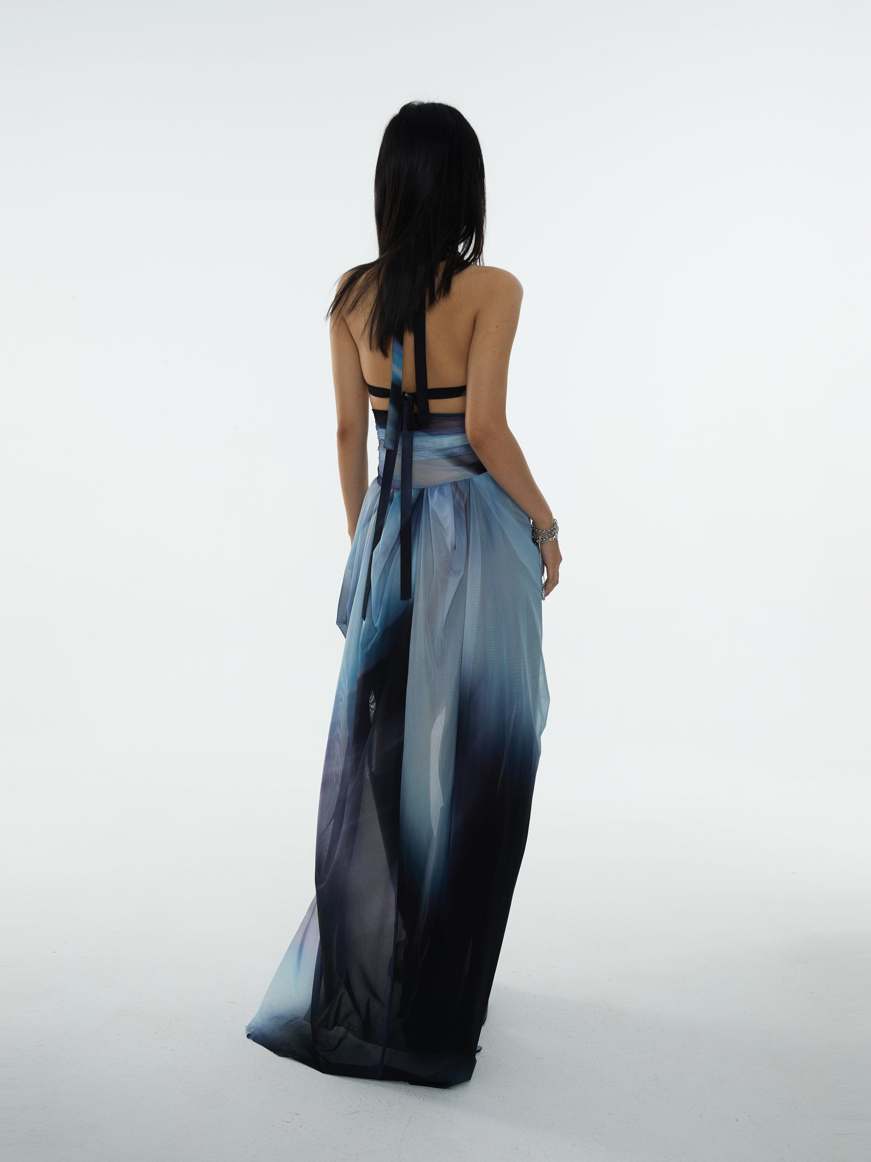 Cross Halter Gradation Print Dress - chiclara