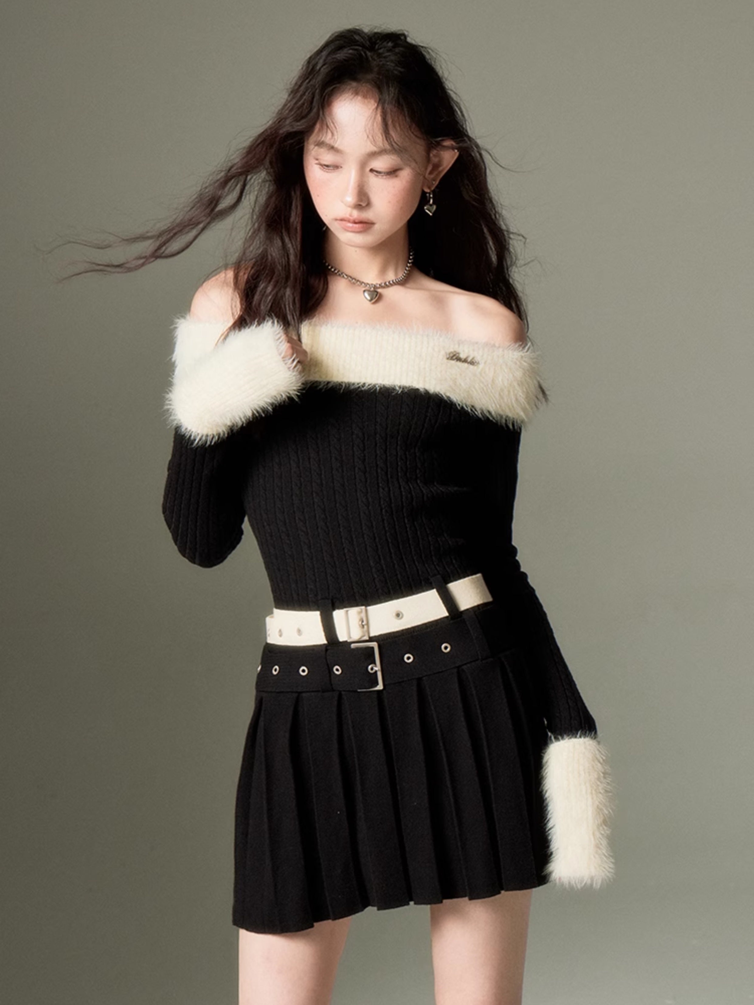 Knit Double Belt Off-Shoulder Dress - chiclara
