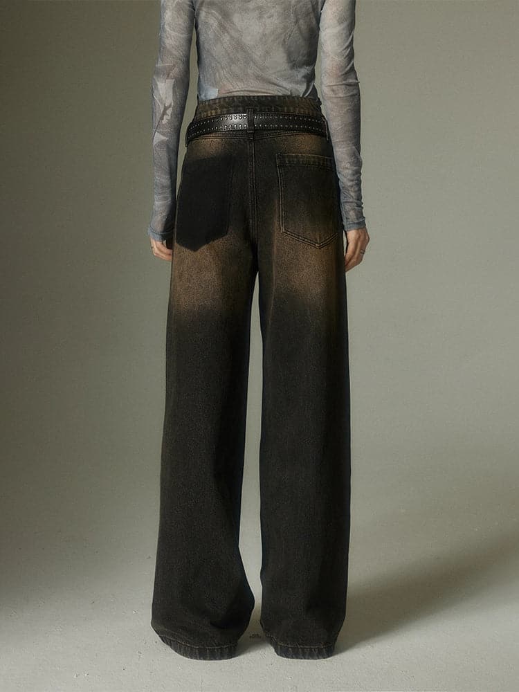 Large Pocket Distressed Straight Jeans - chiclara