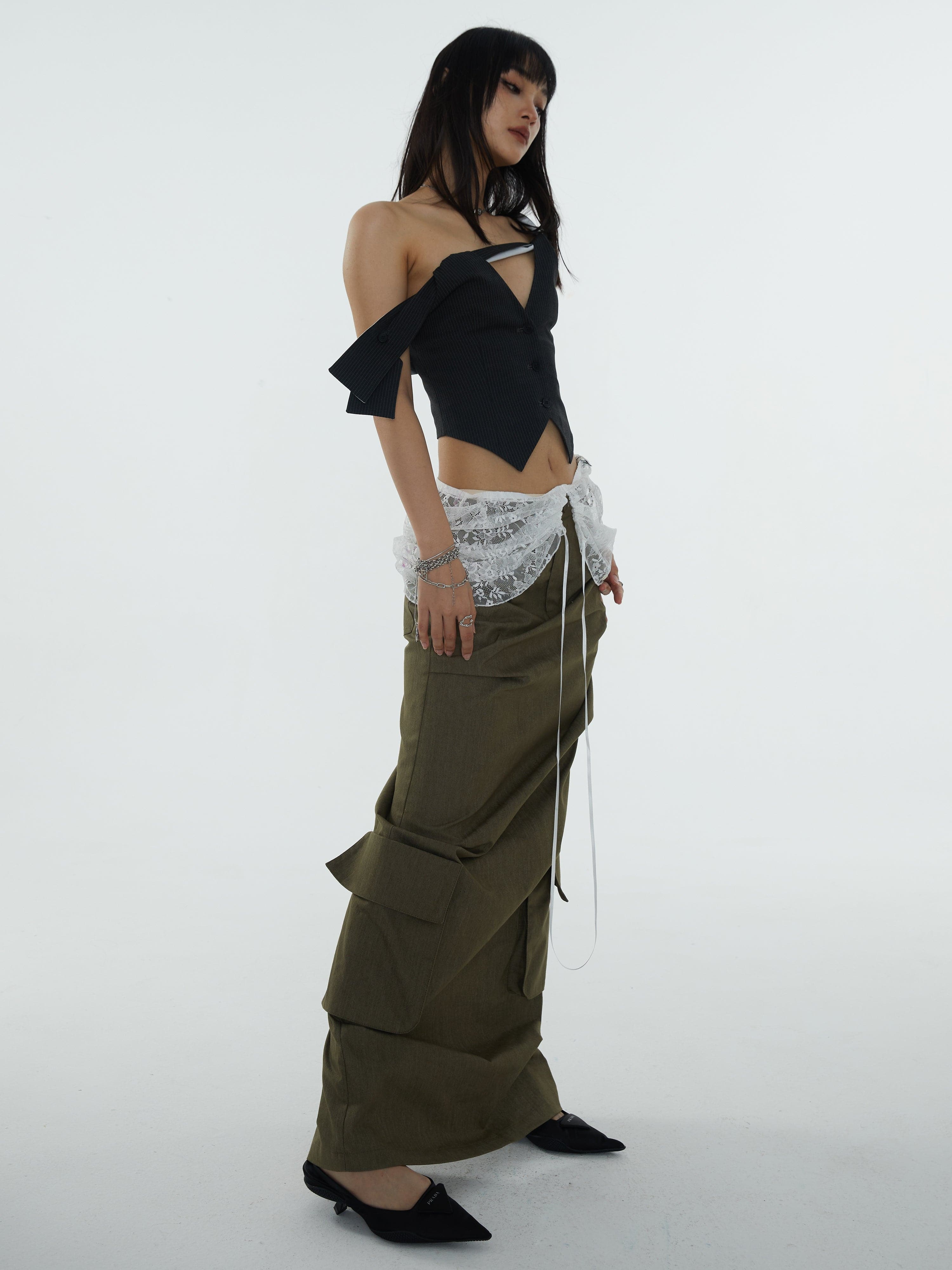 Asymmetrical Striped Hollow Vest With Kink Strap - chiclara