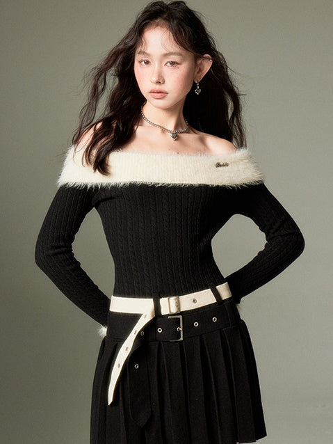Knit Double Belt Off-Shoulder Dress - chiclara