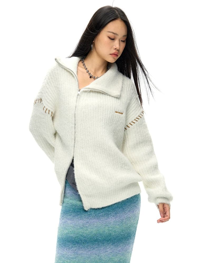 Double-Zip High Neck Knitted Jacket - chiclara