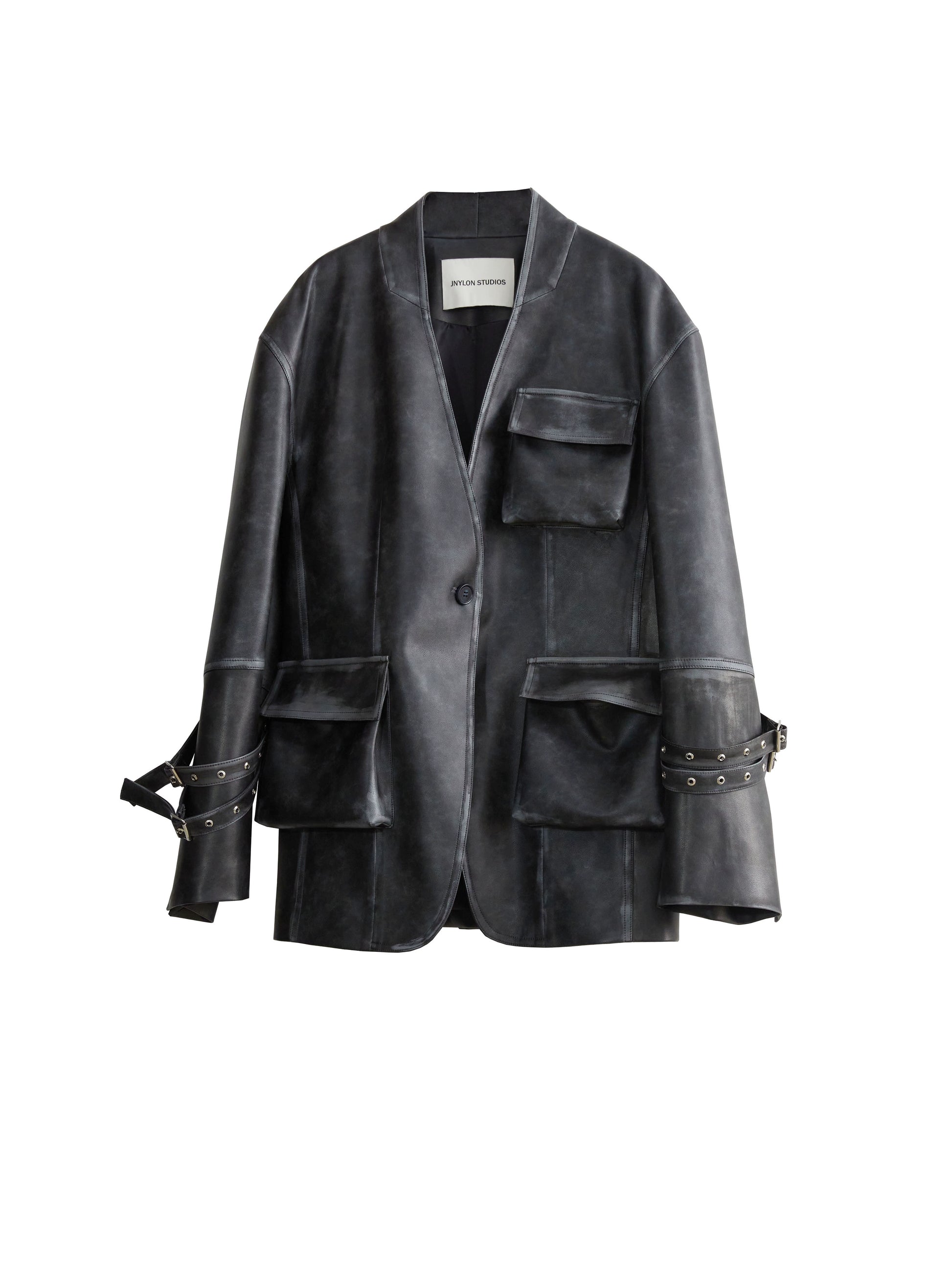 Vintage Pu Leather 3D Pocket No-Collar Jacket - chiclara