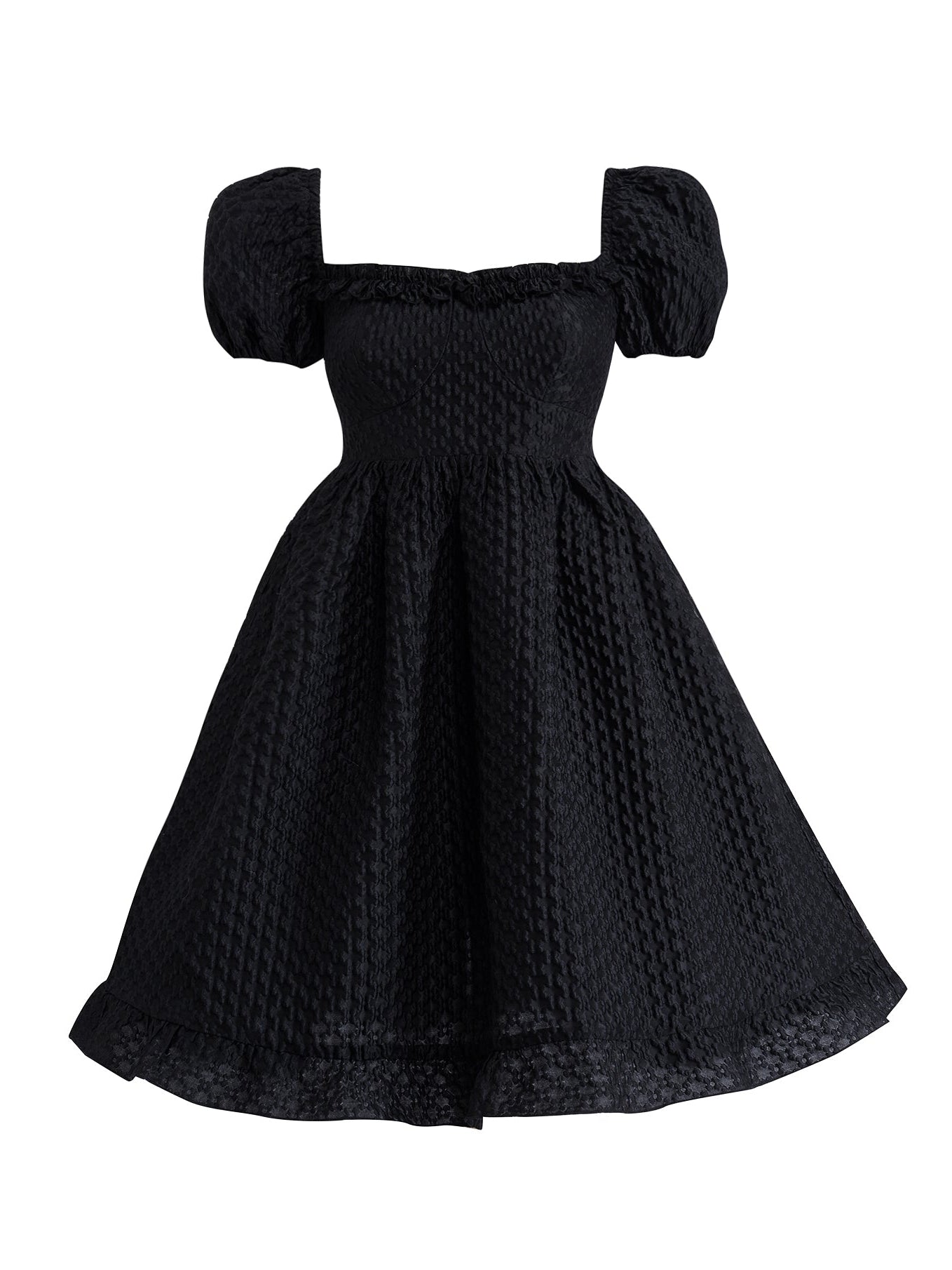Elegant Square Neck Puff Sleeve Jacquard Dress - chiclara