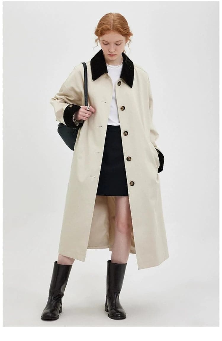 New Retro Color-Block Long Trench Coat - chiclara