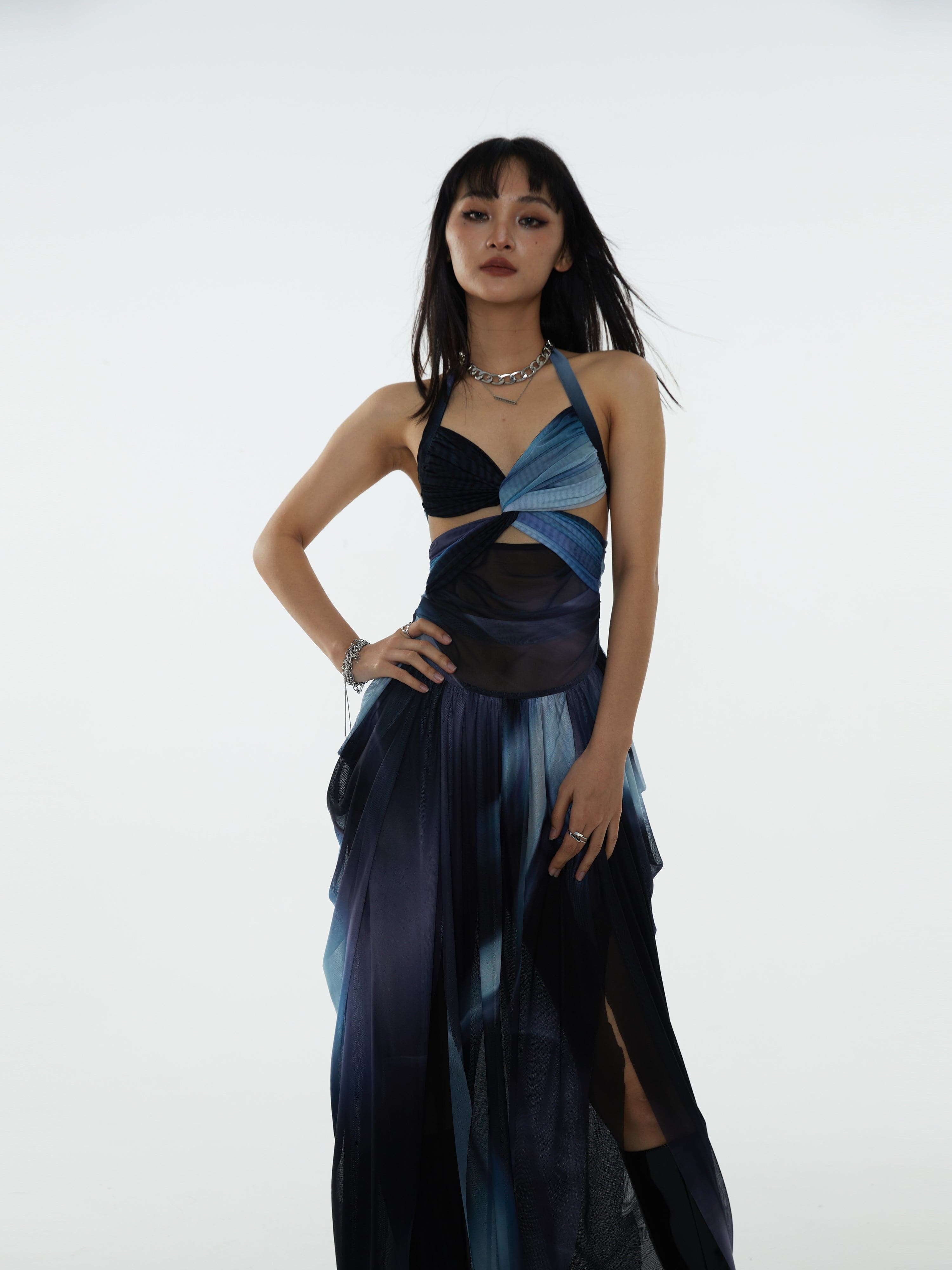 Cross Halter Gradation Print Dress - chiclara