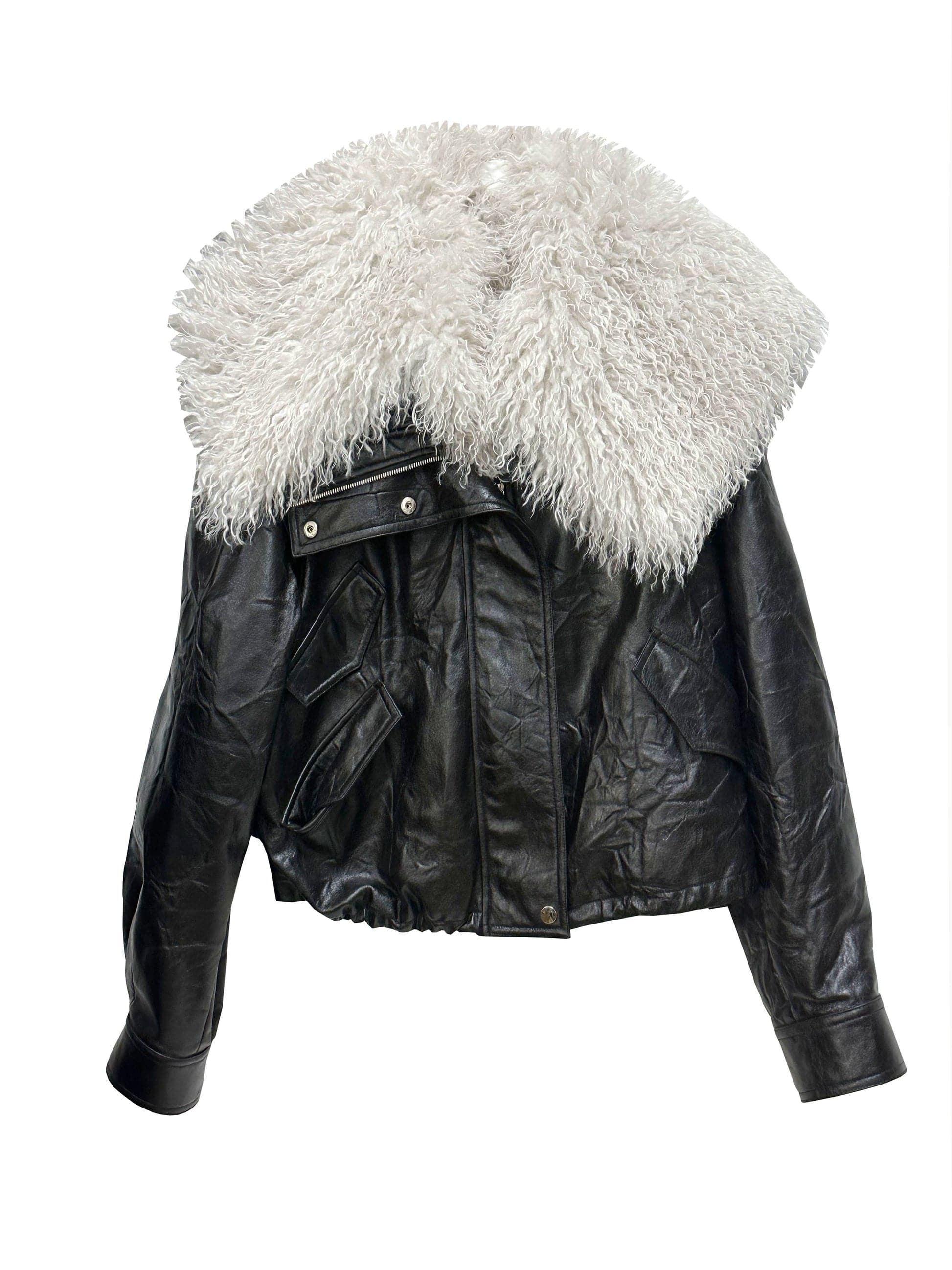 Faux Leather Jacket With Detachable Oversized Fur Collar - chiclara