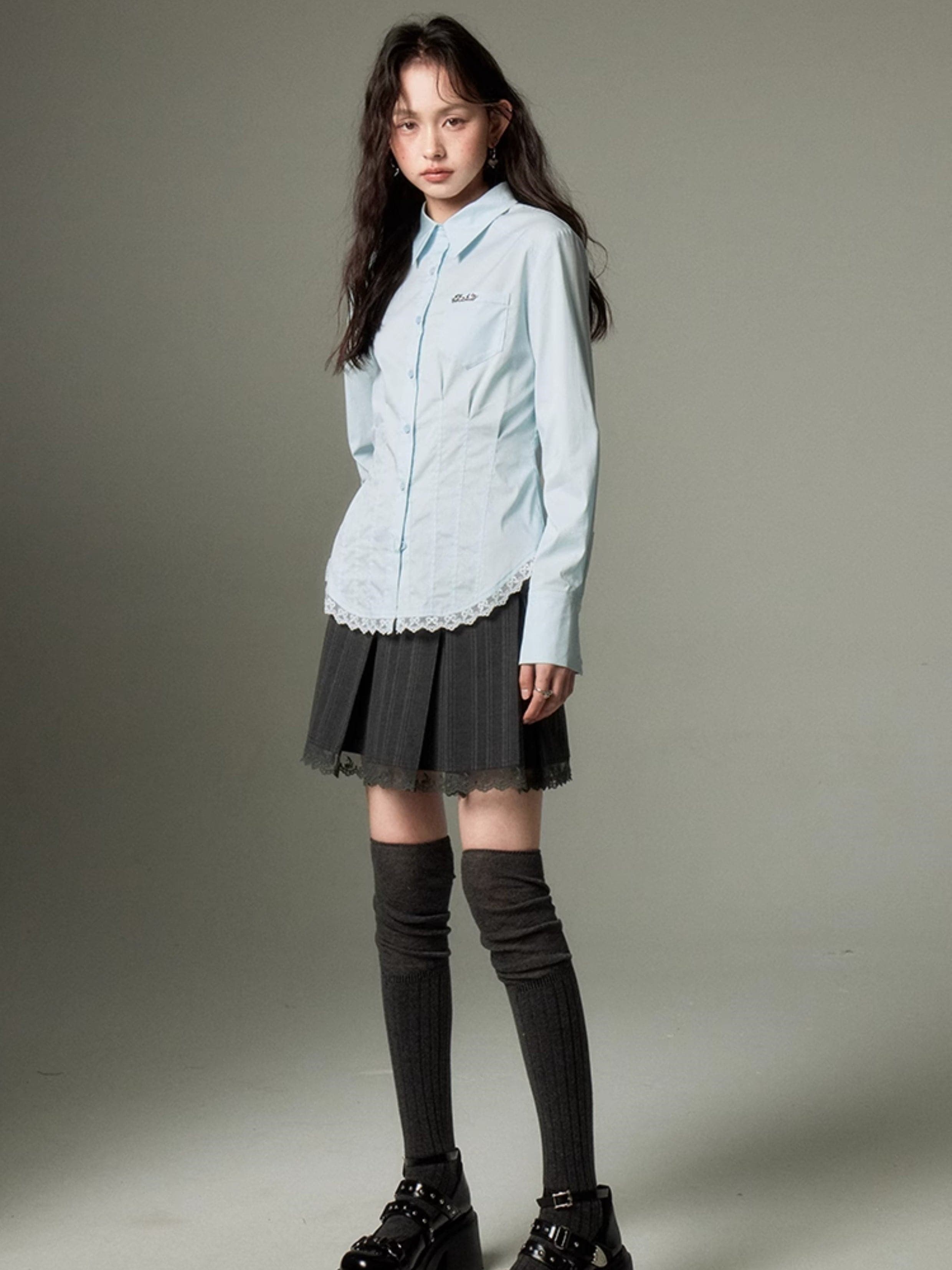 Slim Lace Stitch Waist Shirt - chiclara