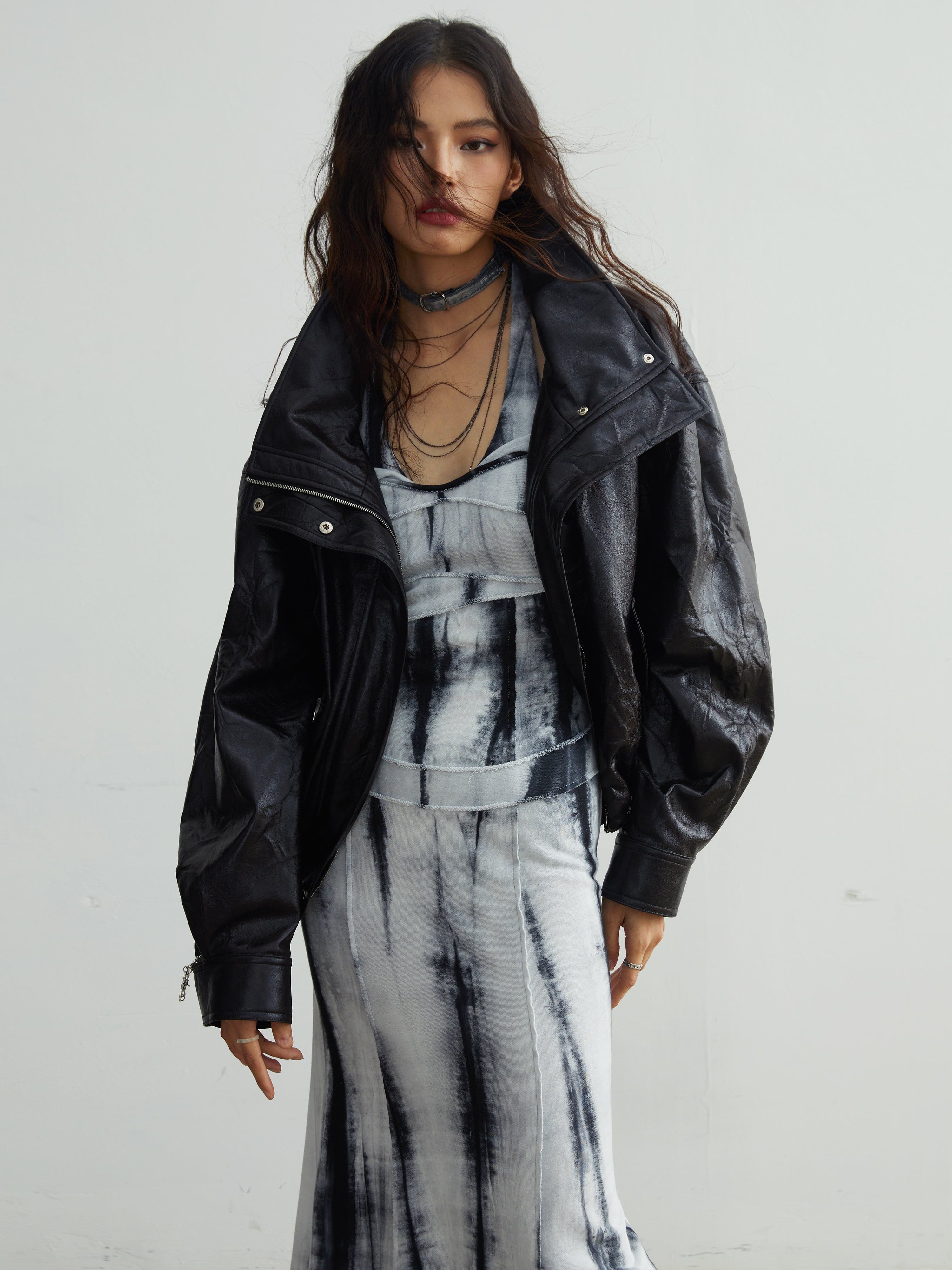 Faux Leather Jacket With Detachable Oversized Fur Collar - chiclara