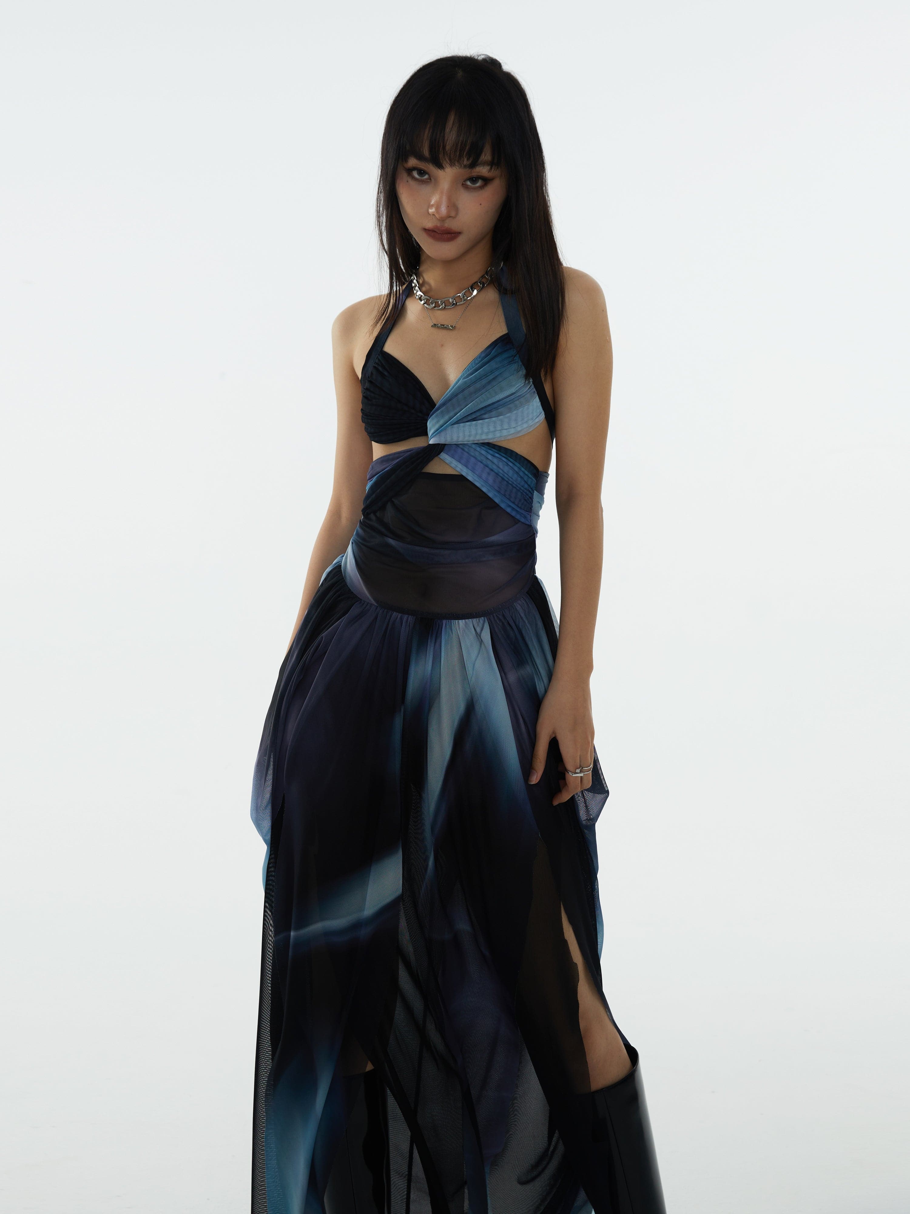 Cross Halter Gradation Print Dress - chiclara