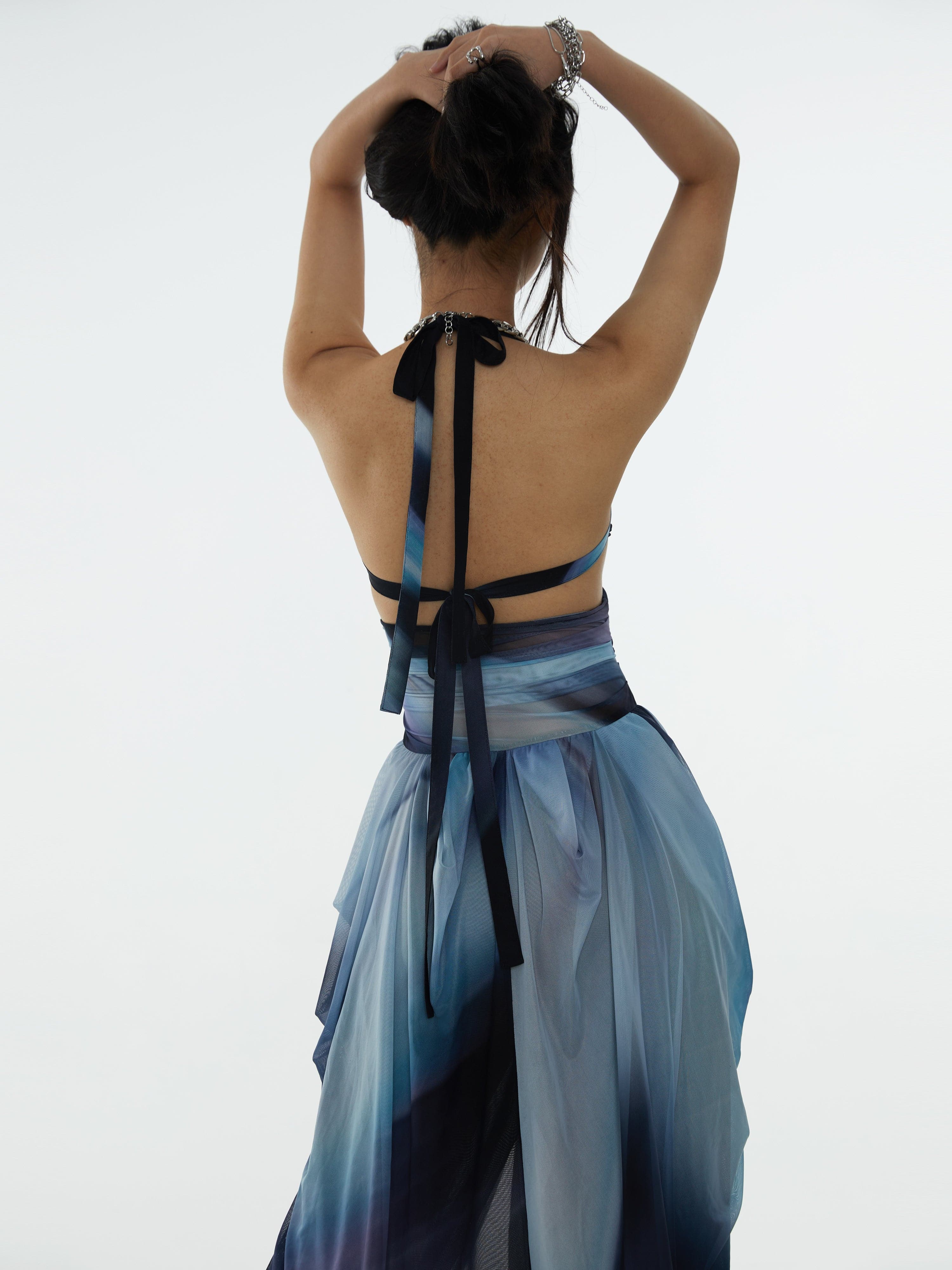 Cross Halter Gradation Print Dress - chiclara