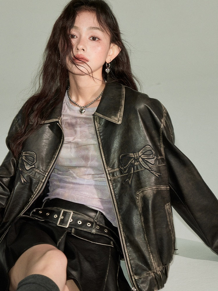 Retro Color-Painted Leather Jacket With Bowknot Detail - chiclara