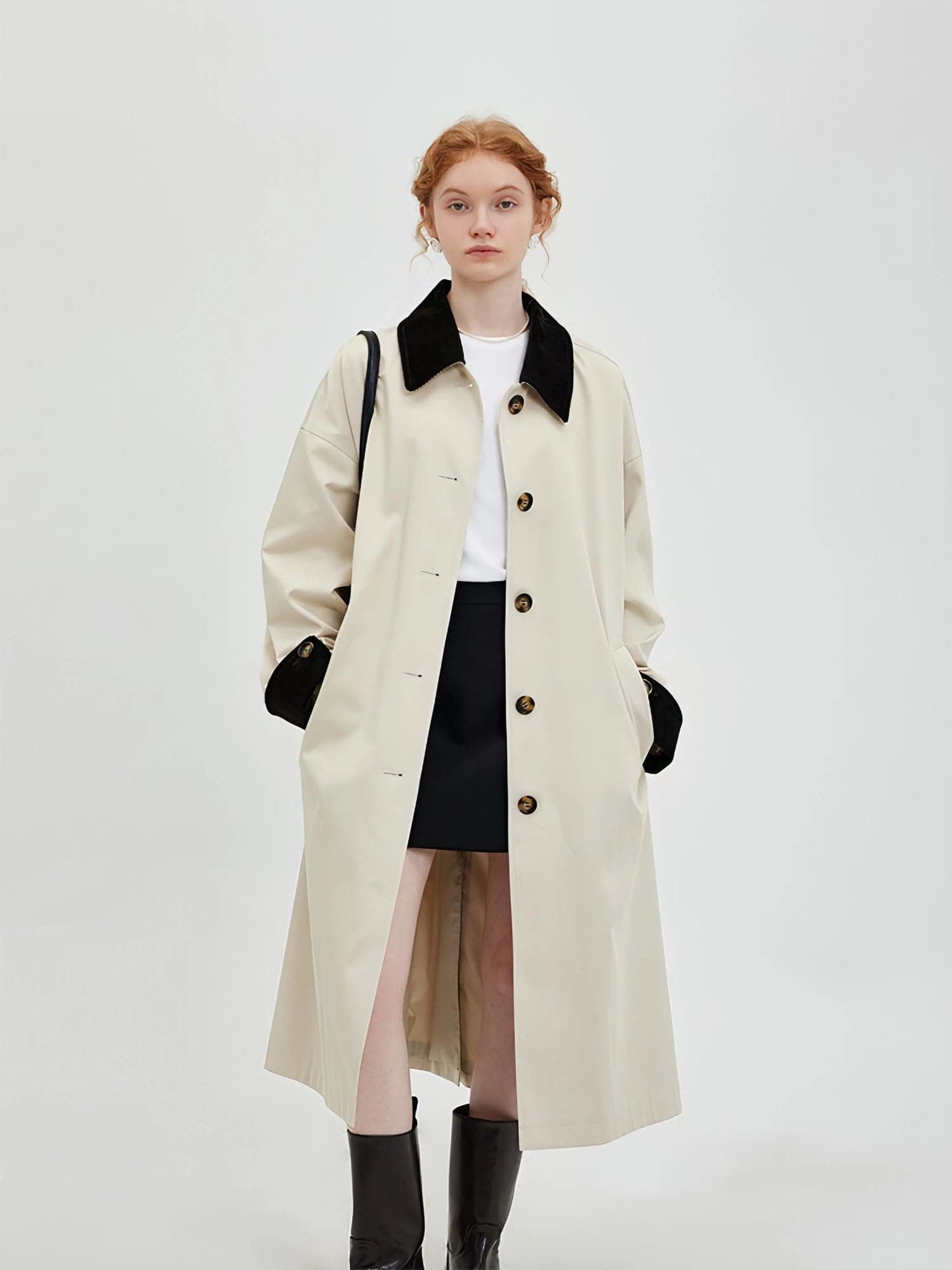 New Retro Color-Block Long Trench Coat - chiclara