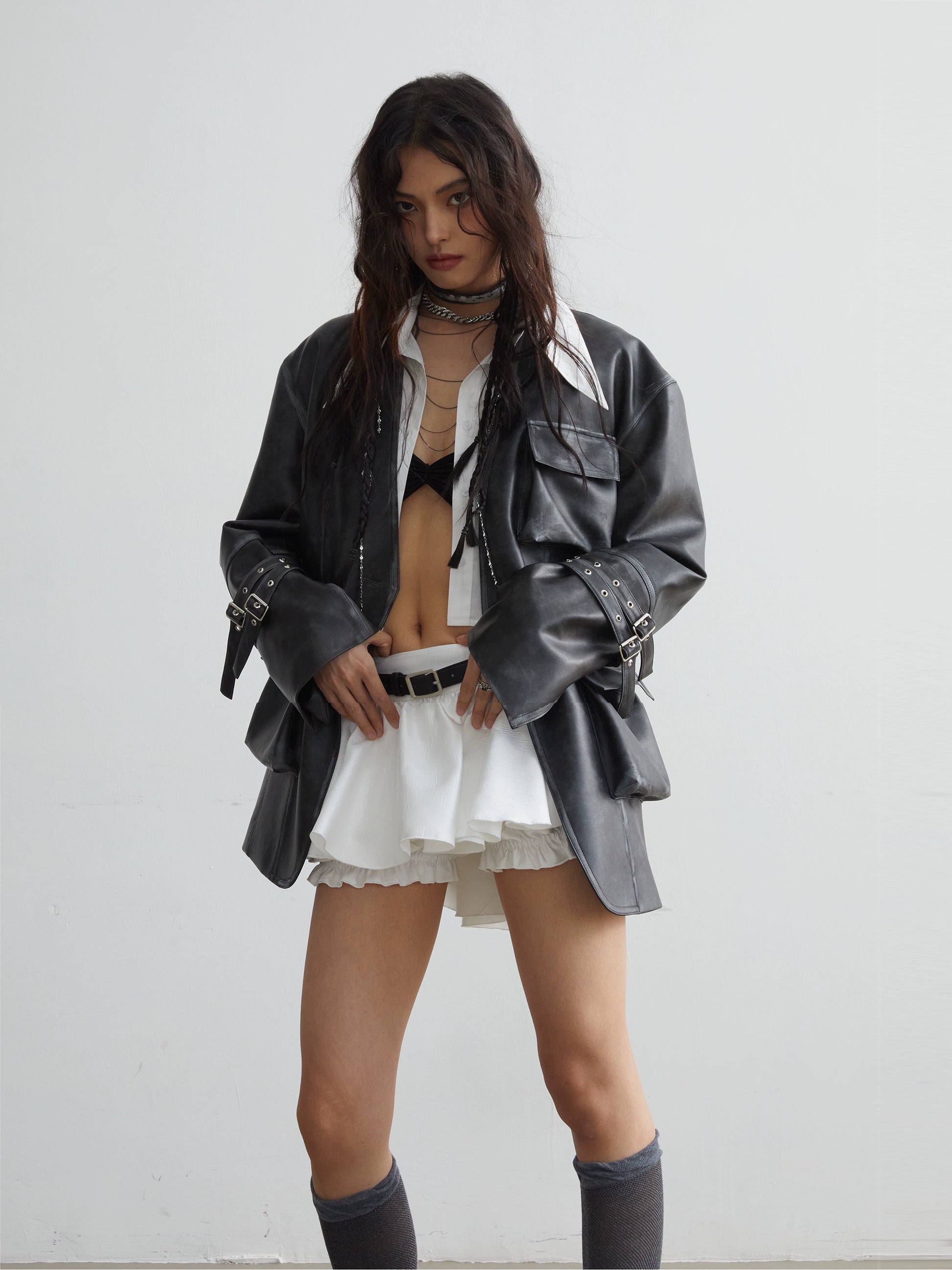 Vintage Pu Leather 3D Pocket No-Collar Jacket - chiclara